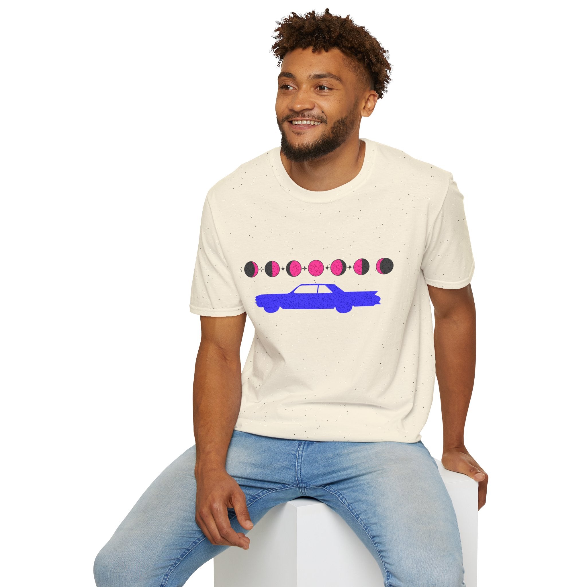 Retro Moon Phase Car T‑Shirt — Blue Classic Car with Pink Moon Phases