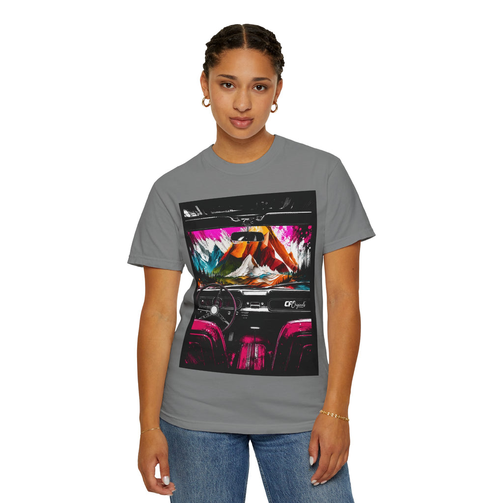 CarFits.store Big Prints T-Shirt — Retro Engine & Scenic Drive