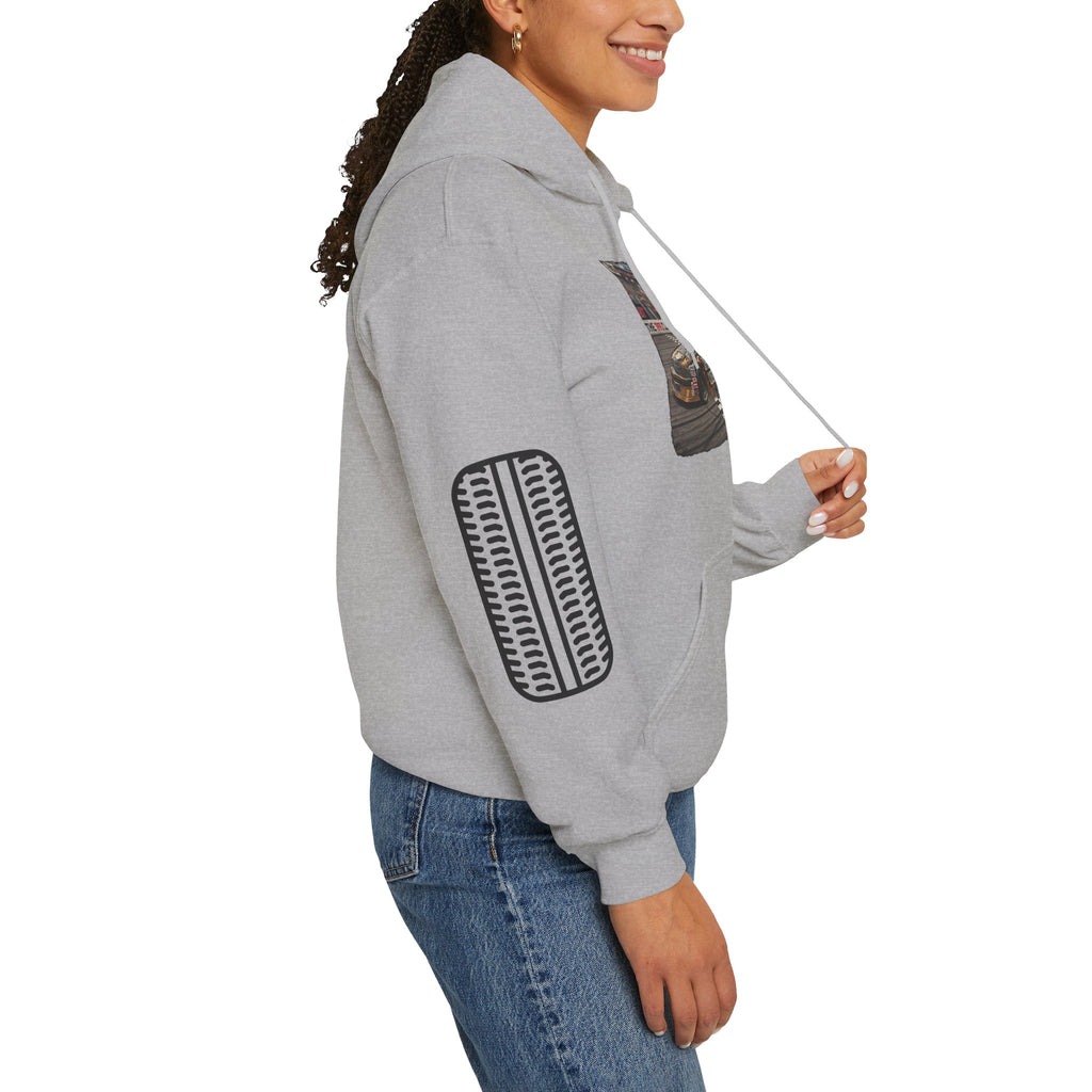 Racing Garage Hooded Sweatshirt — Vintage Racecar Track Scene