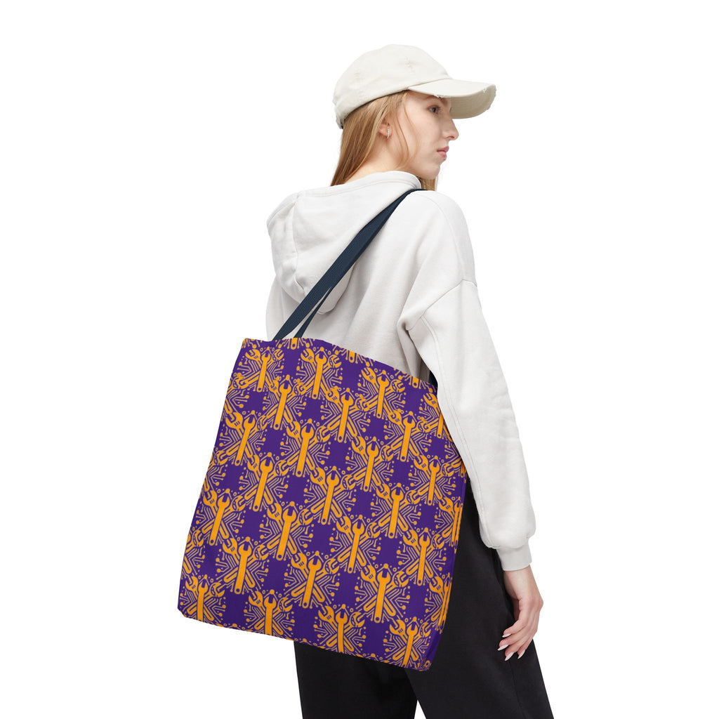 Purple & Gold Wrench Pattern Tote Bag – Automotive All-Over Print Tote