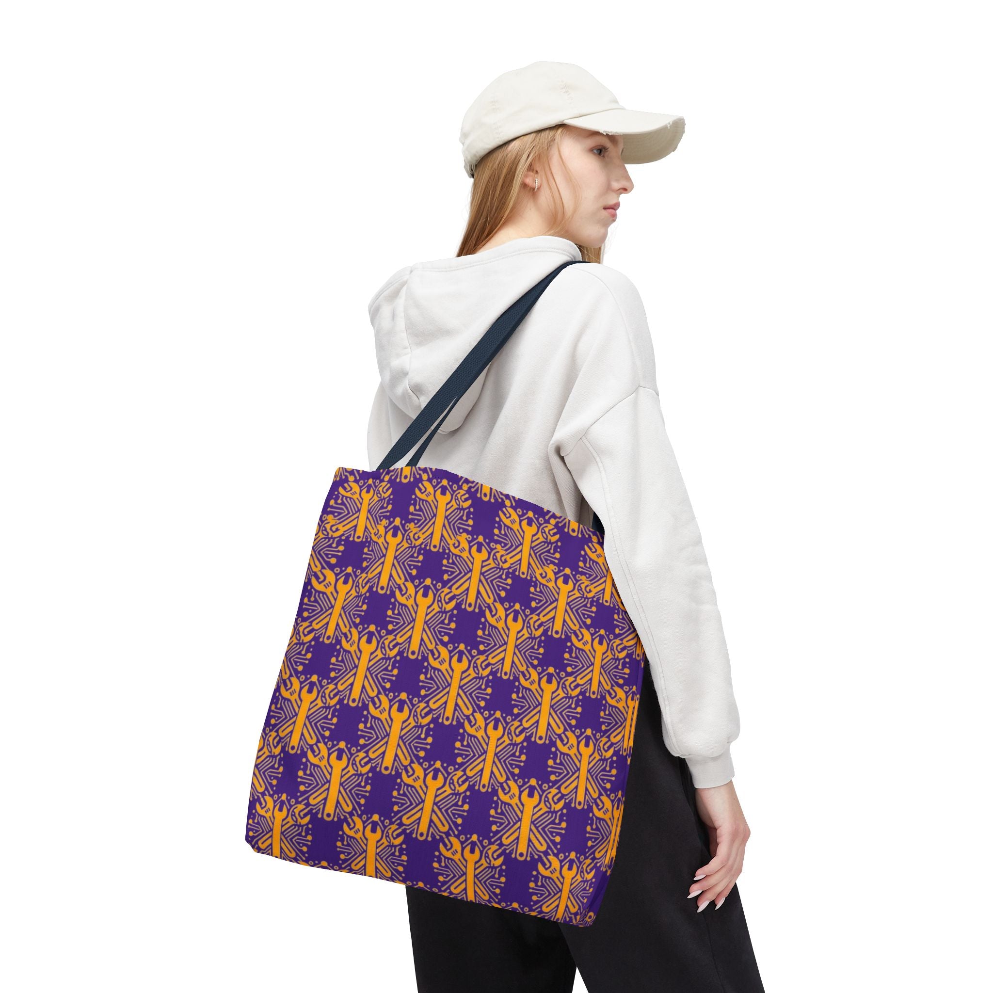 Purple & Gold Wrench Pattern Tote Bag – Automotive All-Over Print Tote