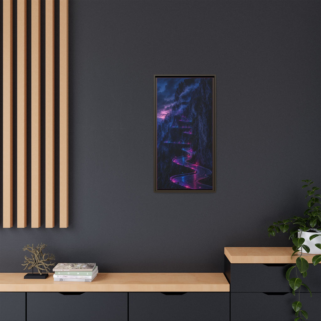 Neon Mountain Road Matte Canvas Print — Framed Nightscape Wall Art