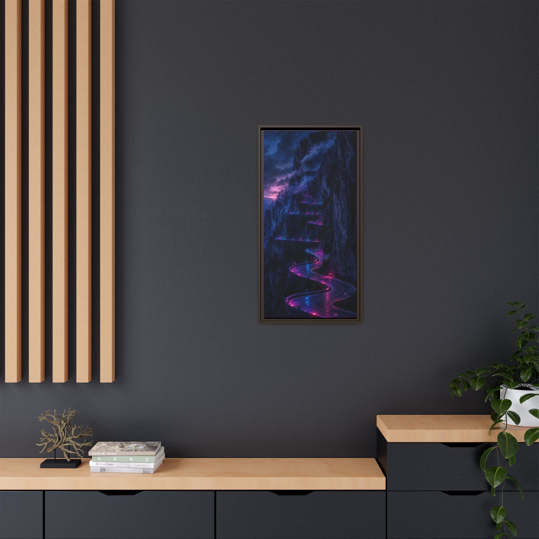 Neon Mountain Road Matte Canvas Print — Framed Nightscape Wall Art