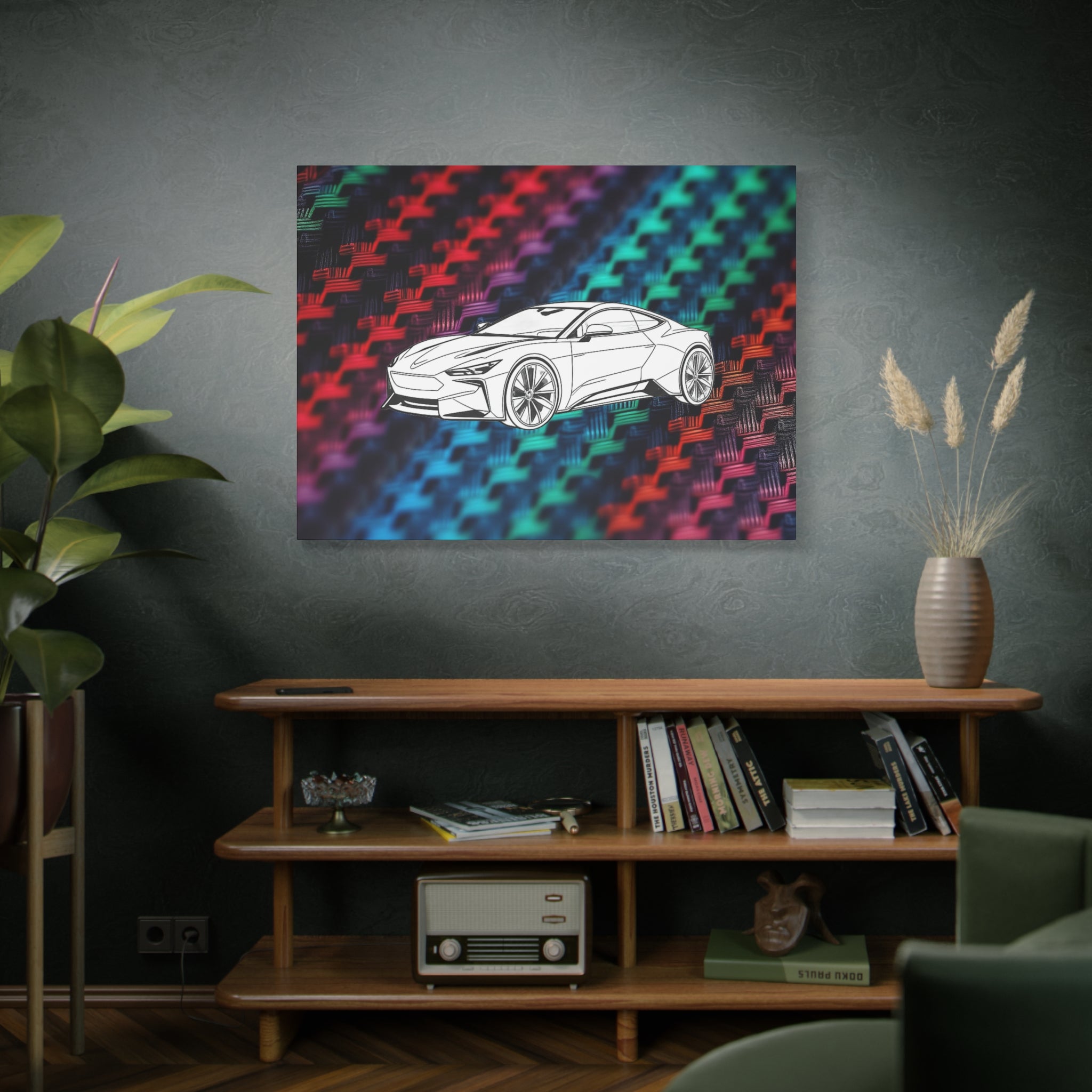 Modern Sports Car Canvas Wall Art – White Line Drawing on Rainbow Carbon Fiber Background