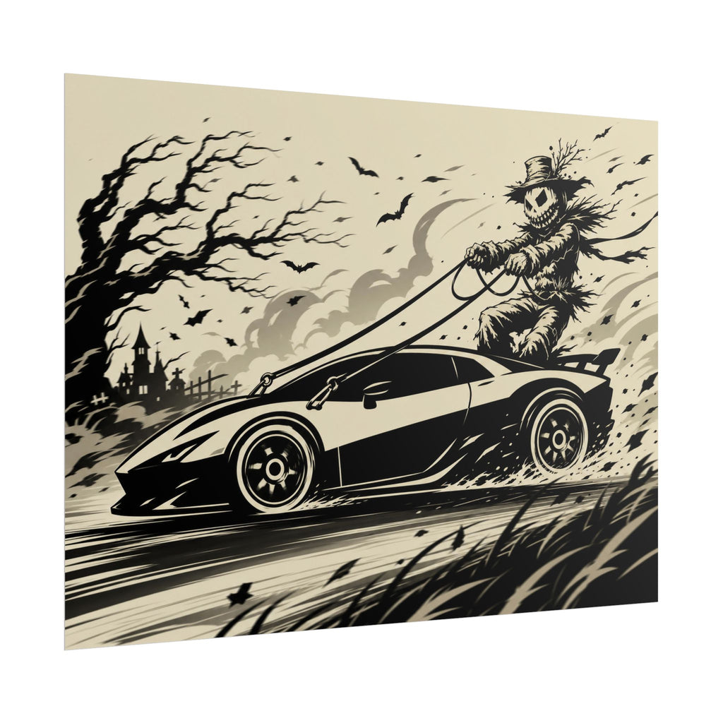 Poster - Scarecrow Driving Sports Car Vintage Halloween Art Print