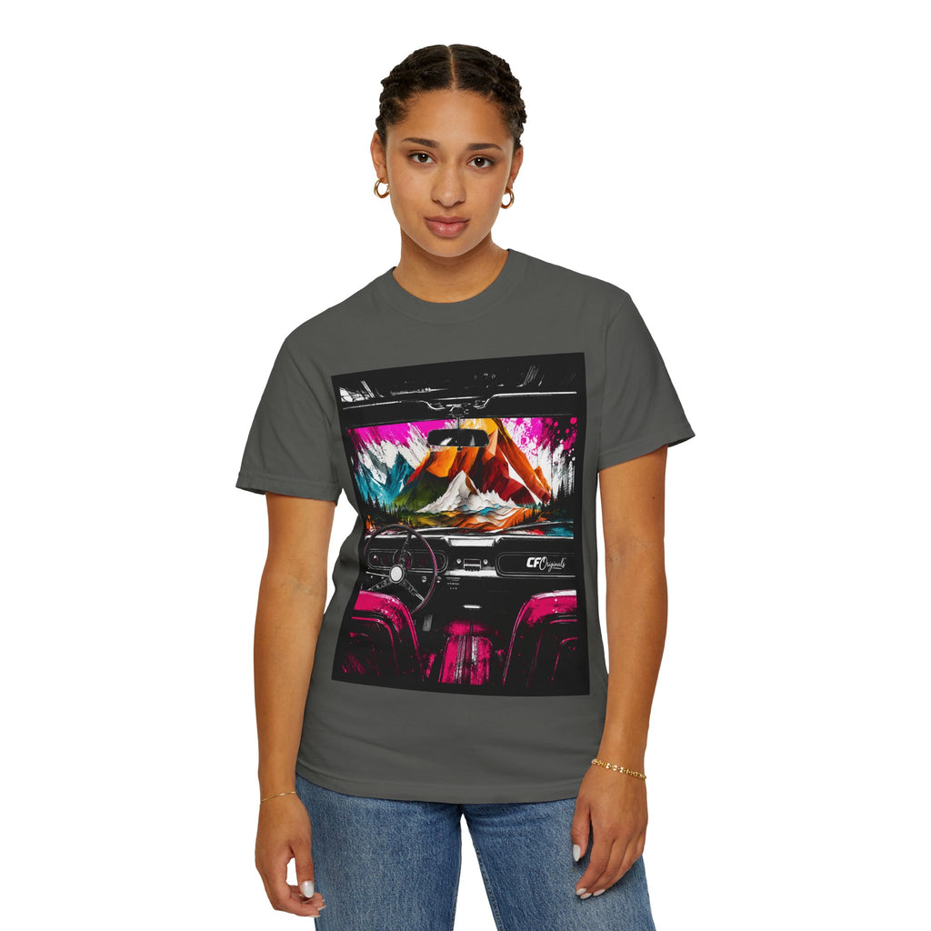 CarFits.store Big Prints T-Shirt — Retro Engine & Scenic Drive