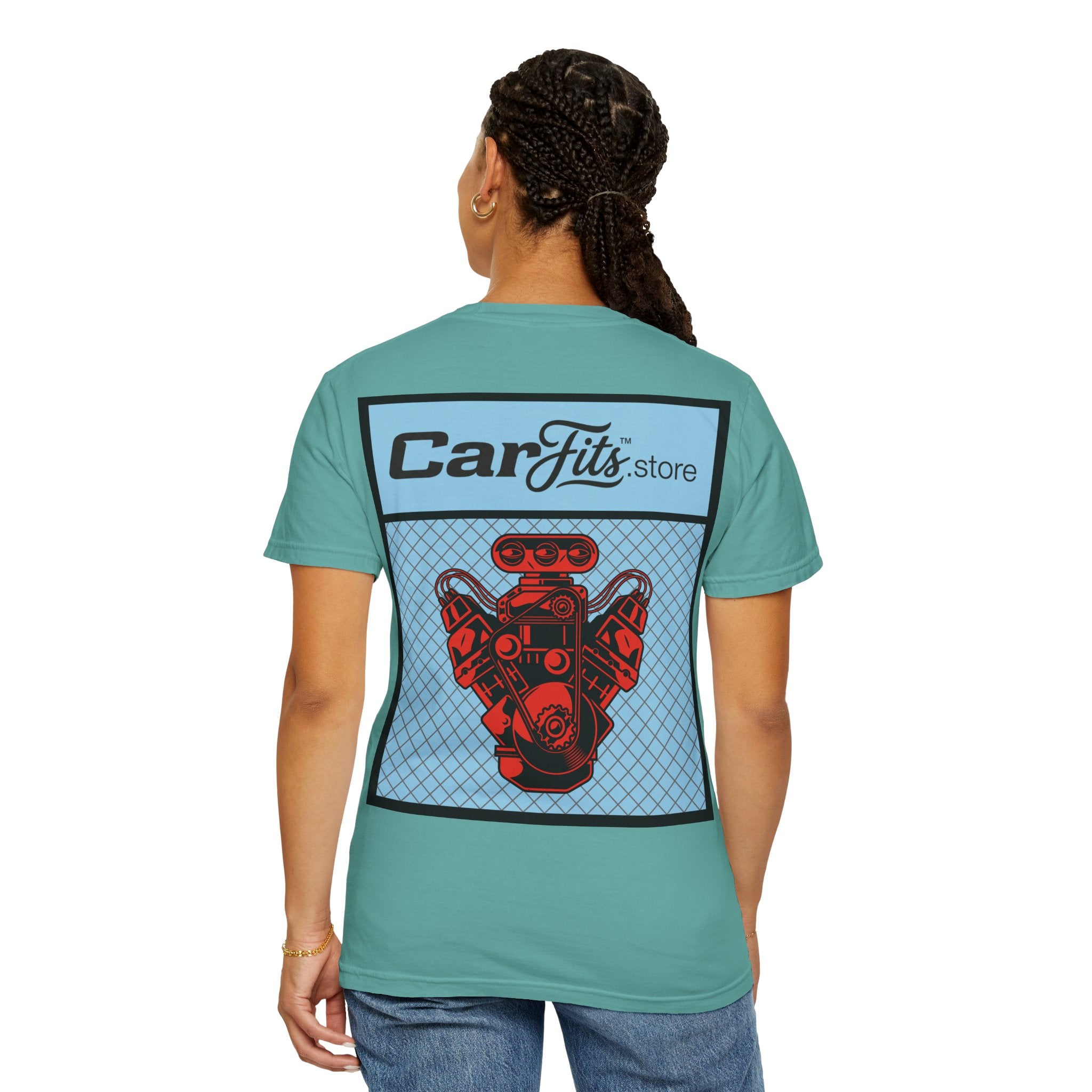 CarFits.store Big Prints T-Shirt — Retro Engine & Scenic Drive
