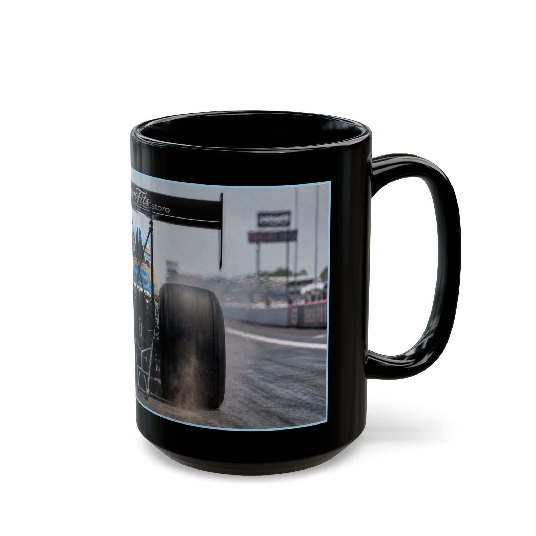Dragster Racing Black Mug — High-Speed Drag Racing Photo Coffee Cup (11oz/15oz)