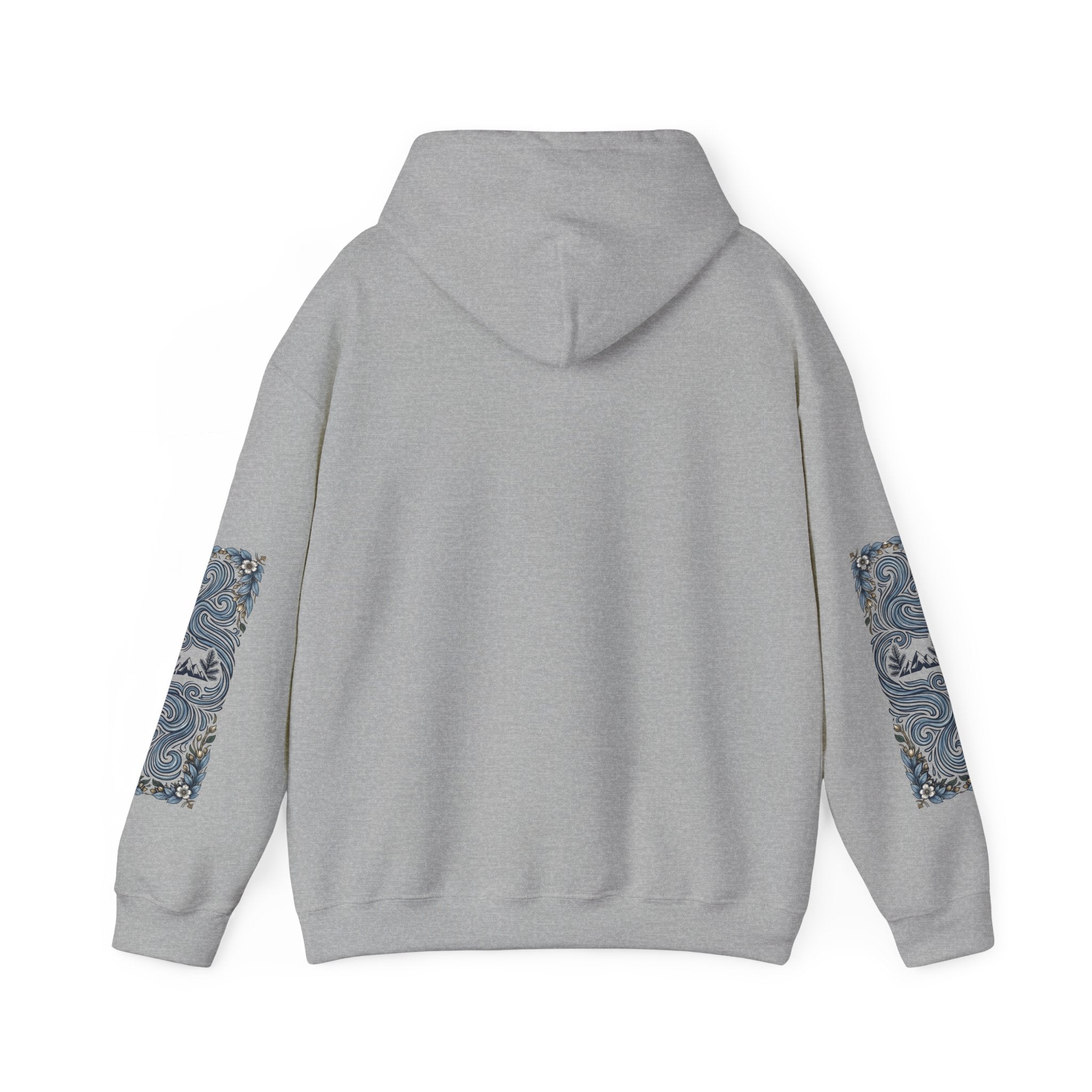 Nature Is Calling Hoodie — Scenic Mountain Graphic Hooded Sweatshirt with Sleeve Paisley Art