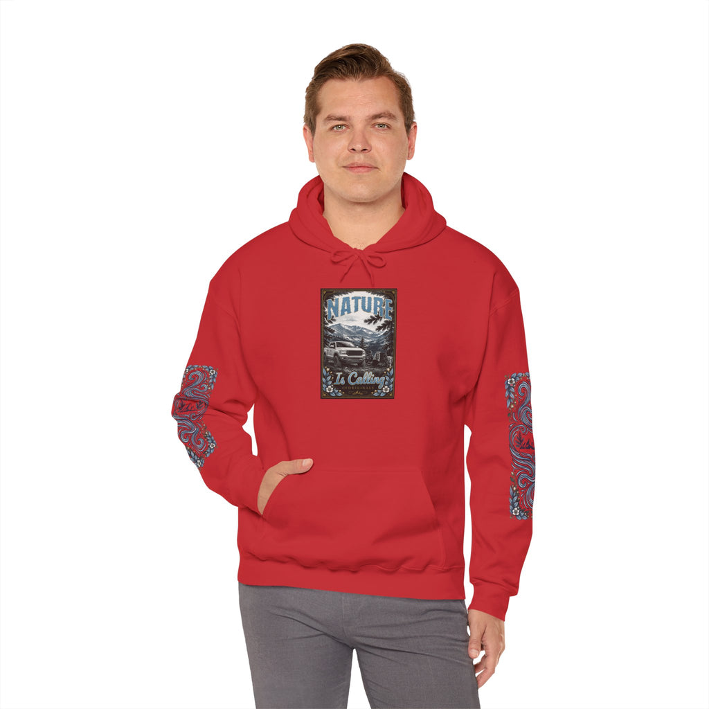 Nature Is Calling Hoodie — Scenic Mountain Graphic Hooded Sweatshirt with Sleeve Paisley Art