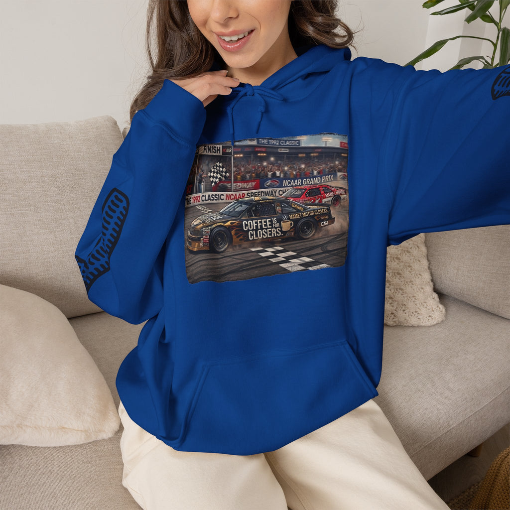 Racing Garage Hooded Sweatshirt — Vintage Racecar Track Scene