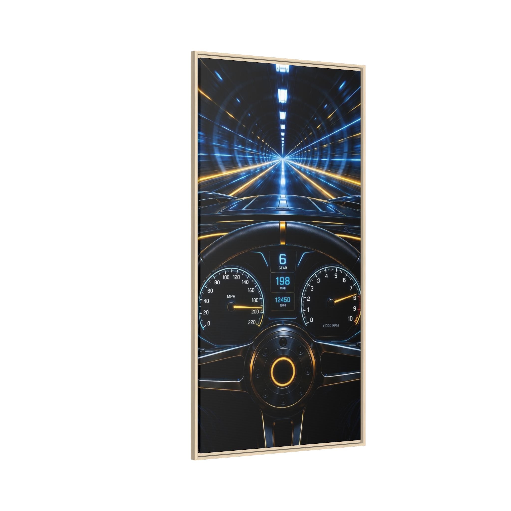 Tunnel Drive Framed Canvas Print — Retro Futuristic Car Dashboard Wall Art