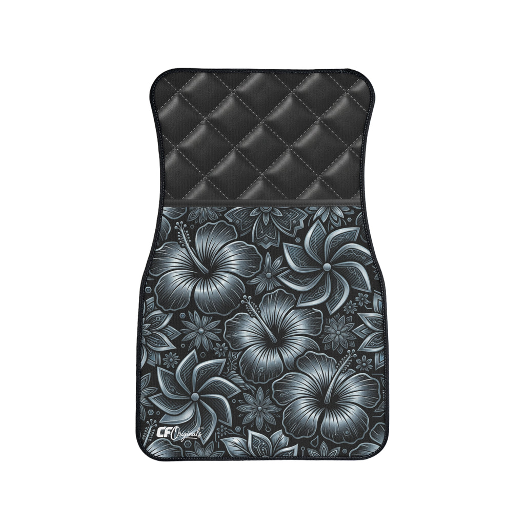 Floral Quilted-look Car Floor Mat — Monochrome Hibiscus Pattern, 1pc
