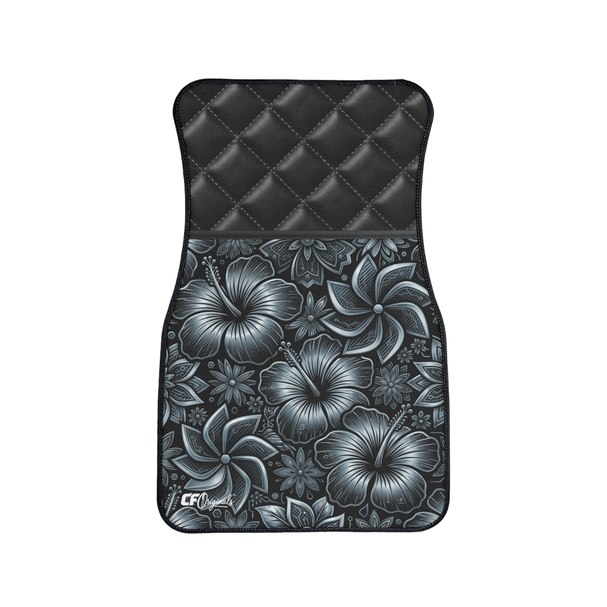 Floral Quilted-look Car Floor Mat — Monochrome Hibiscus Pattern, 1pc