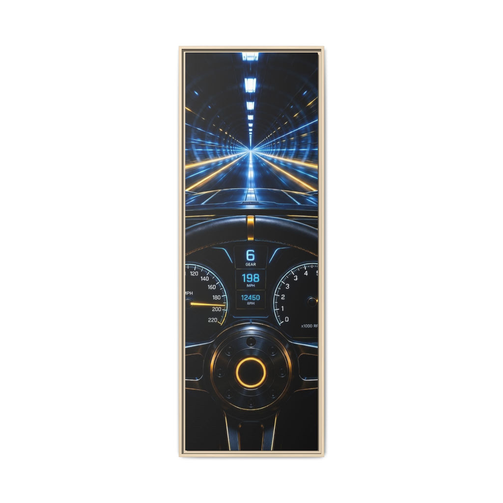 Tunnel Drive Framed Canvas Print — Retro Futuristic Car Dashboard Wall Art