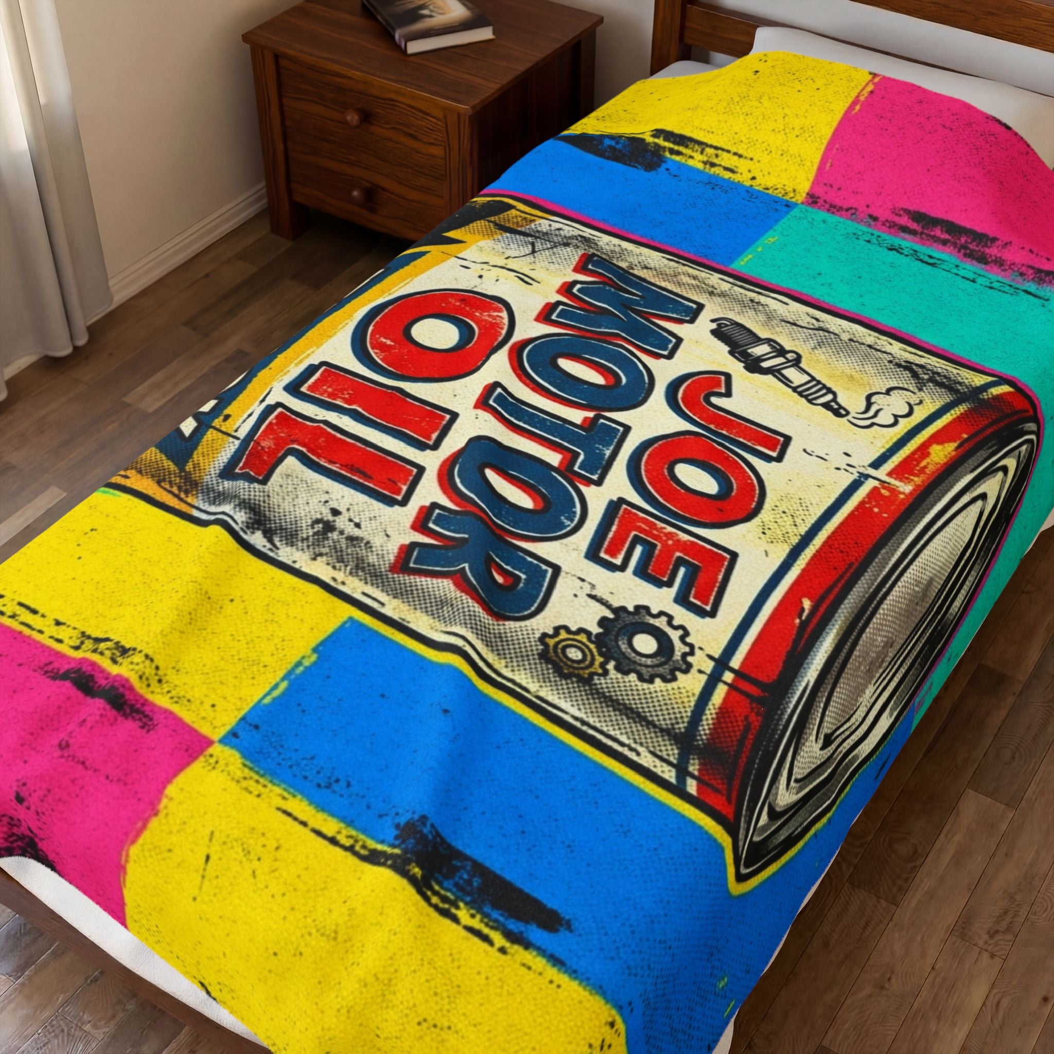 Pop Art Motor Oil Can Velveteen Plush Blanket — Retro Garage Throw