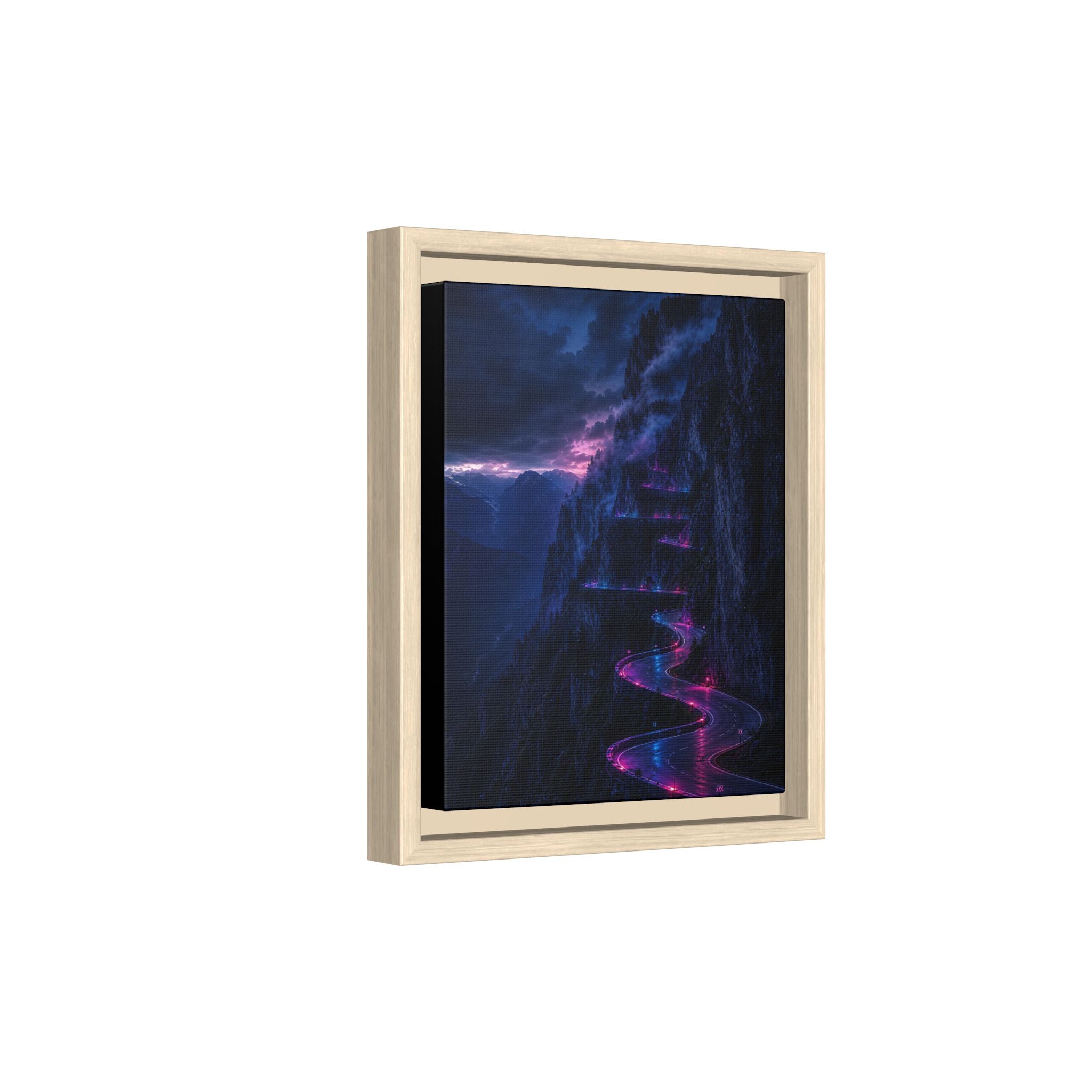 Neon Mountain Road Matte Canvas Print — Framed Nightscape Wall Art