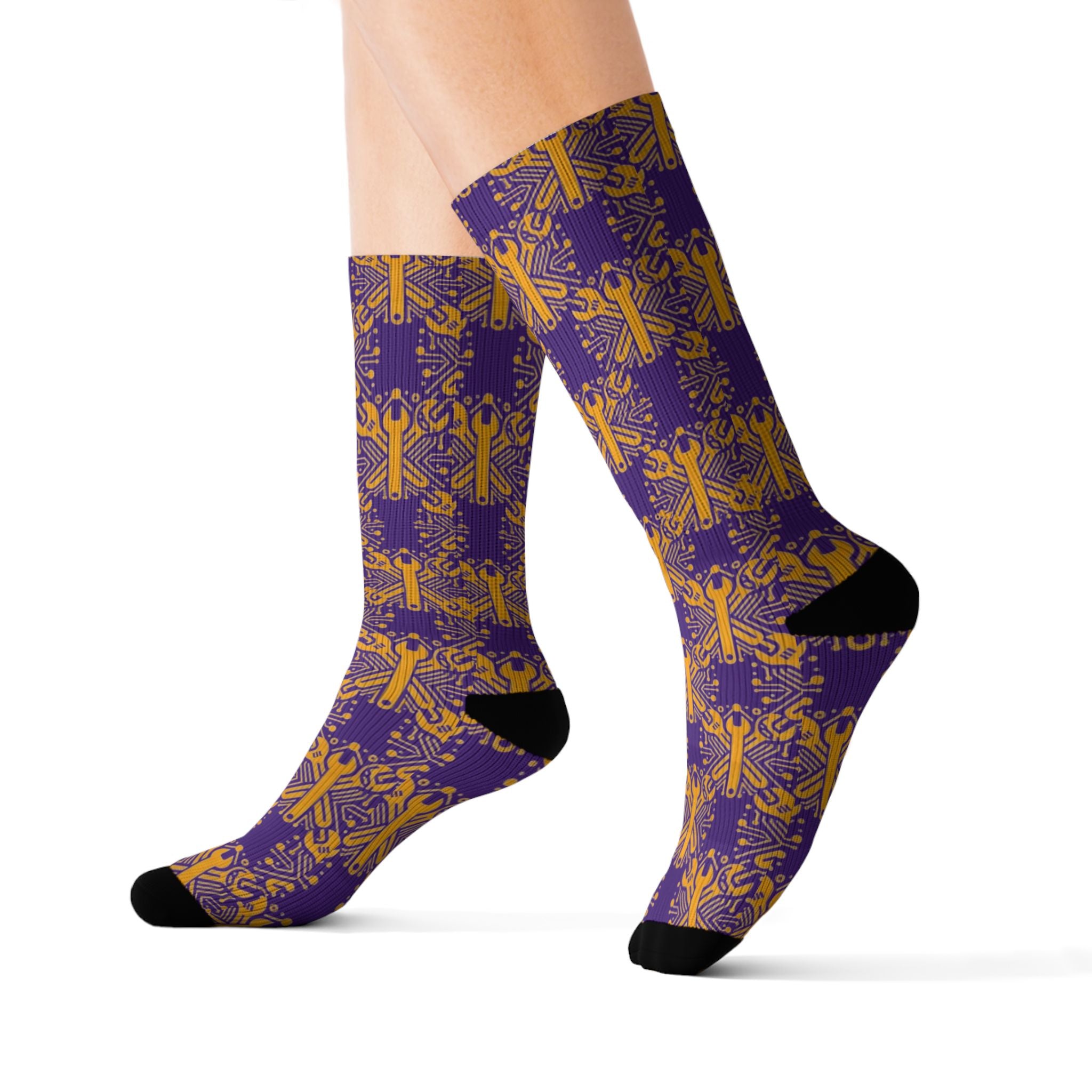 Purple and Gold Wrench Pattern — Crew Socks