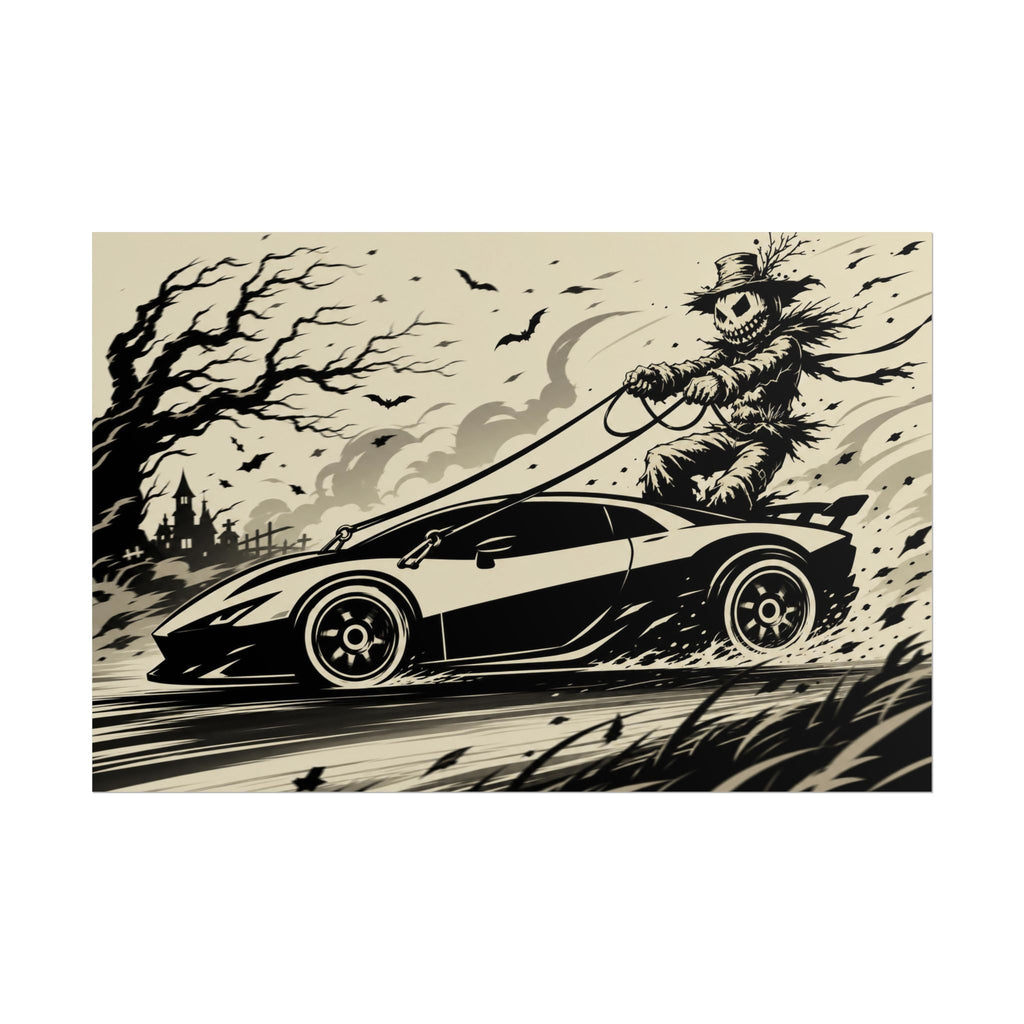 Poster - Scarecrow Driving Sports Car Vintage Halloween Art Print