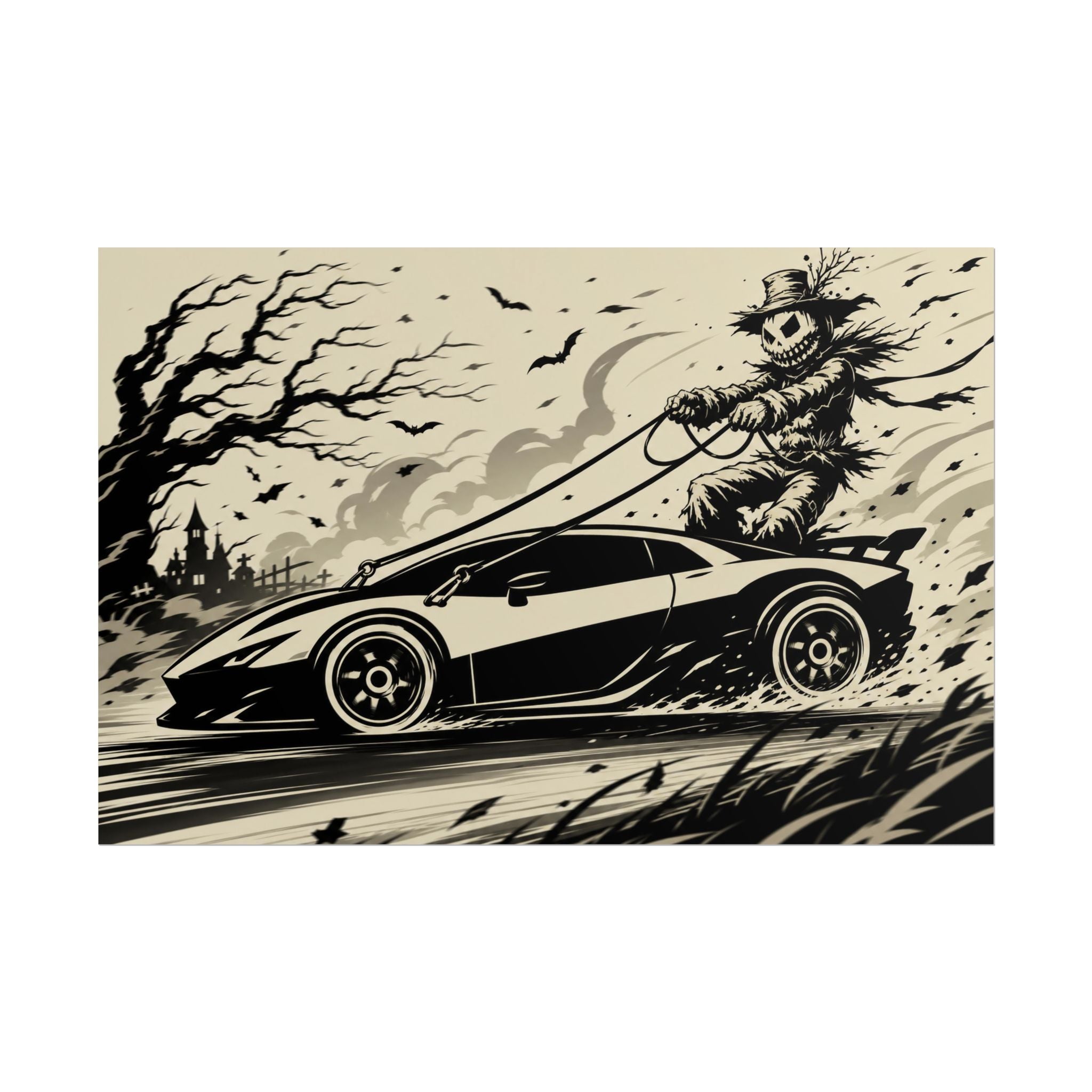 Poster - Scarecrow Driving Sports Car Vintage Halloween Art Print