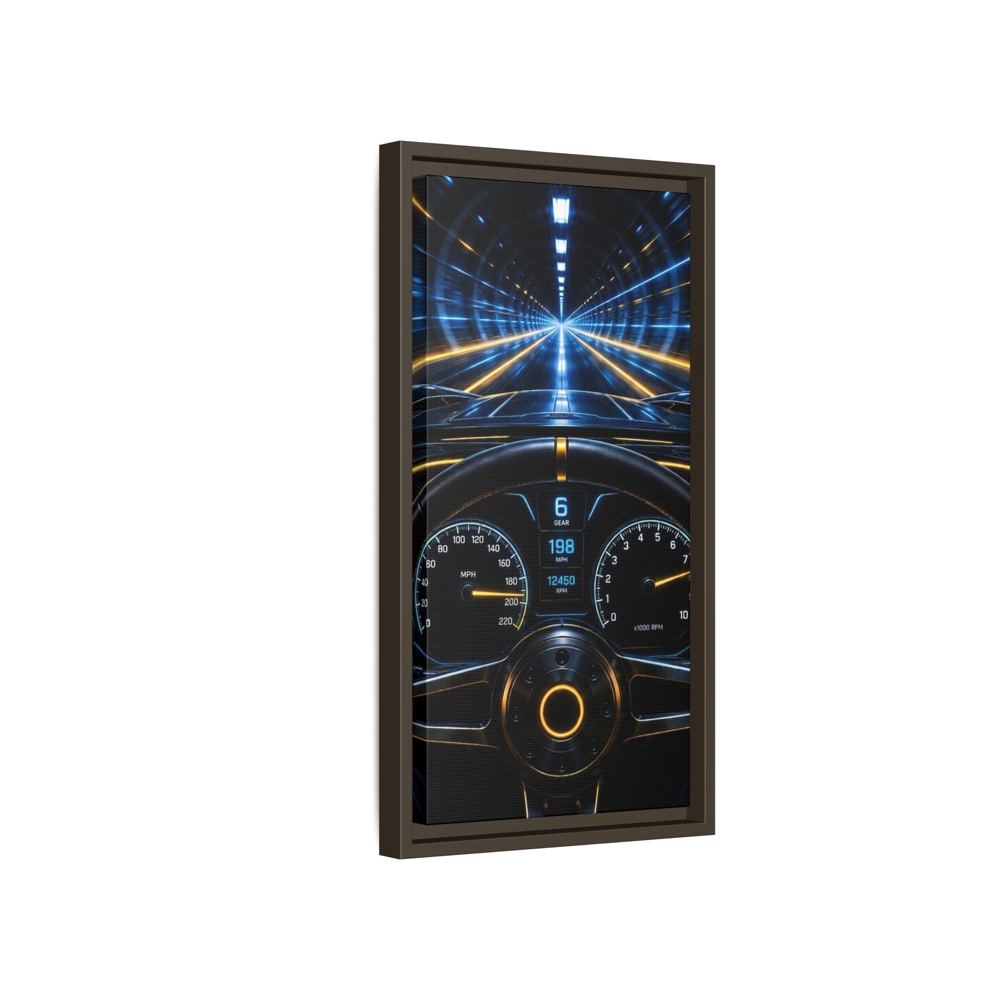 Tunnel Drive Framed Canvas Print — Retro Futuristic Car Dashboard Wall Art