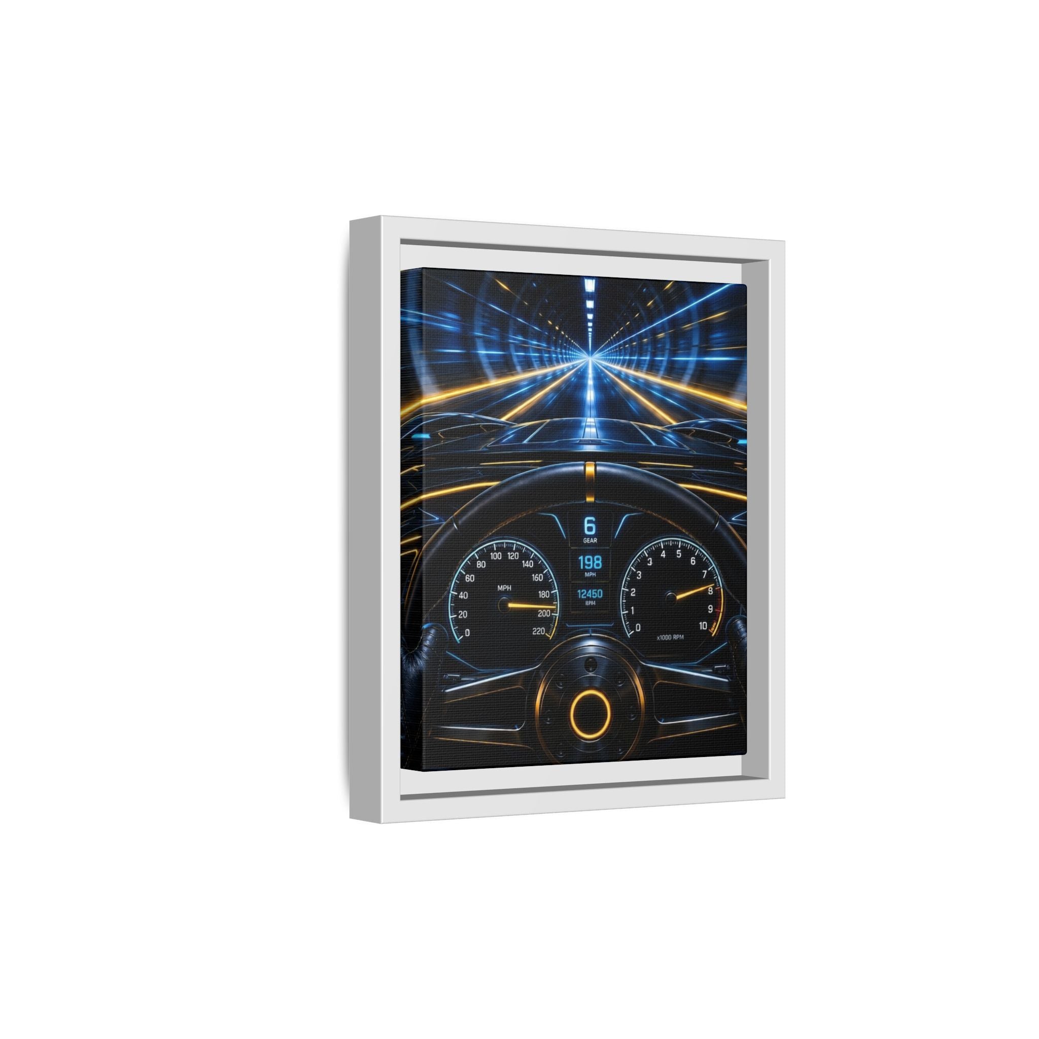 Tunnel Drive Framed Canvas Print — Retro Futuristic Car Dashboard Wall Art