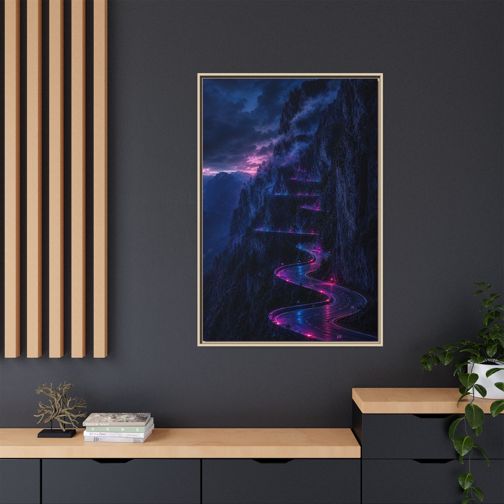 Neon Mountain Road Matte Canvas Print — Framed Nightscape Wall Art