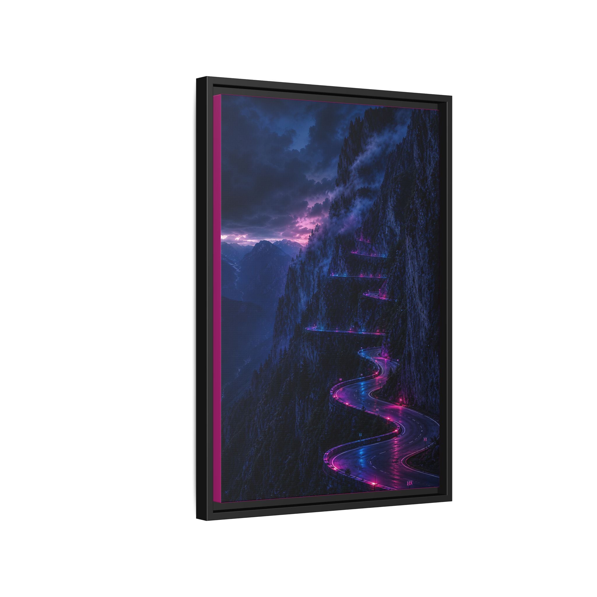 Neon Mountain Road Matte Canvas Print — Framed Nightscape Wall Art