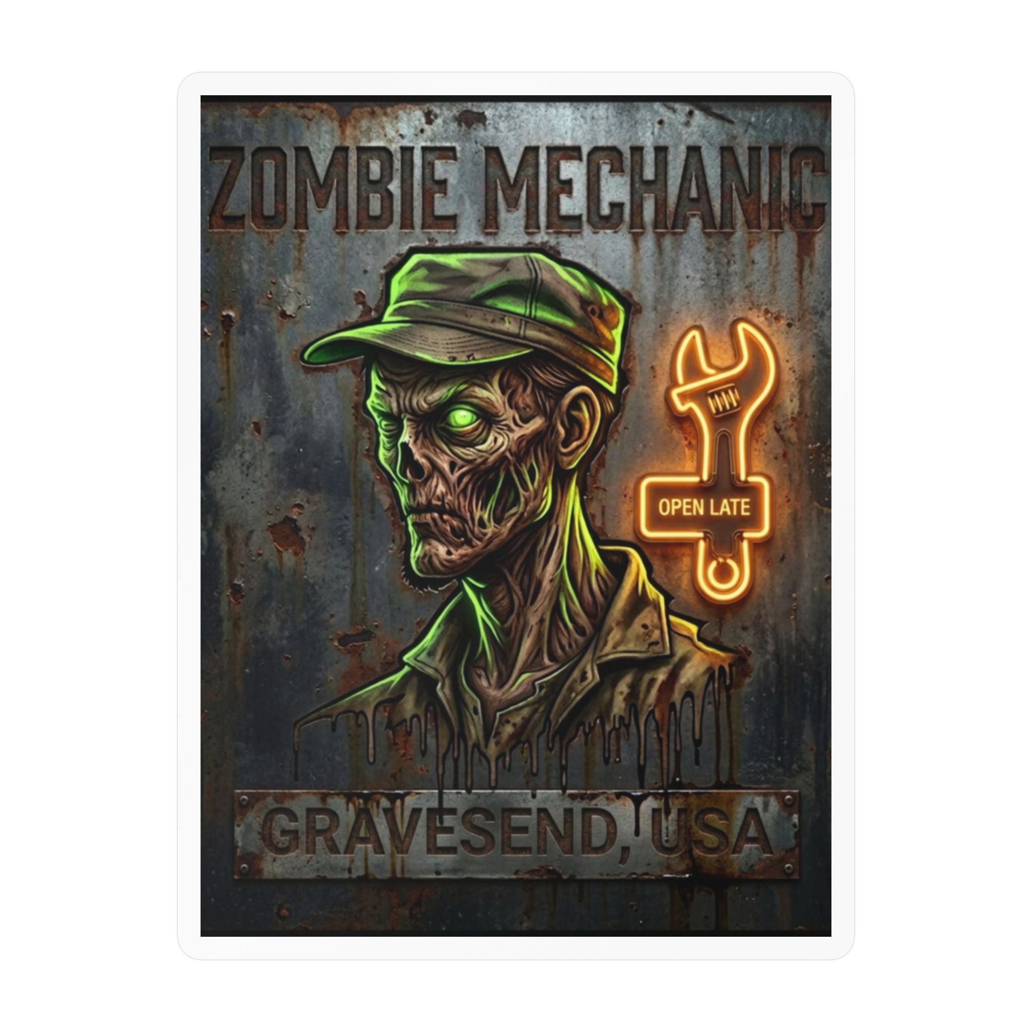Zombie Mechanic Vinyl Decal — Horror Garage Sticker (Kiss-Cut)