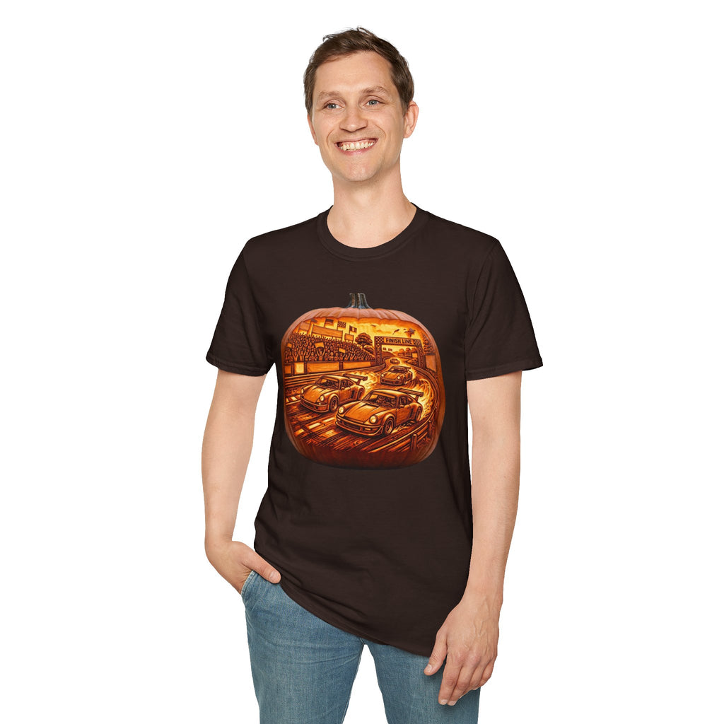 Vintage Racing Pumpkin T-Shirt — Retro Car Grand Prix Halloween Tee