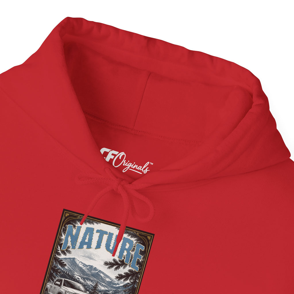 Nature Is Calling Hoodie — Scenic Mountain Graphic Hooded Sweatshirt with Sleeve Paisley Art