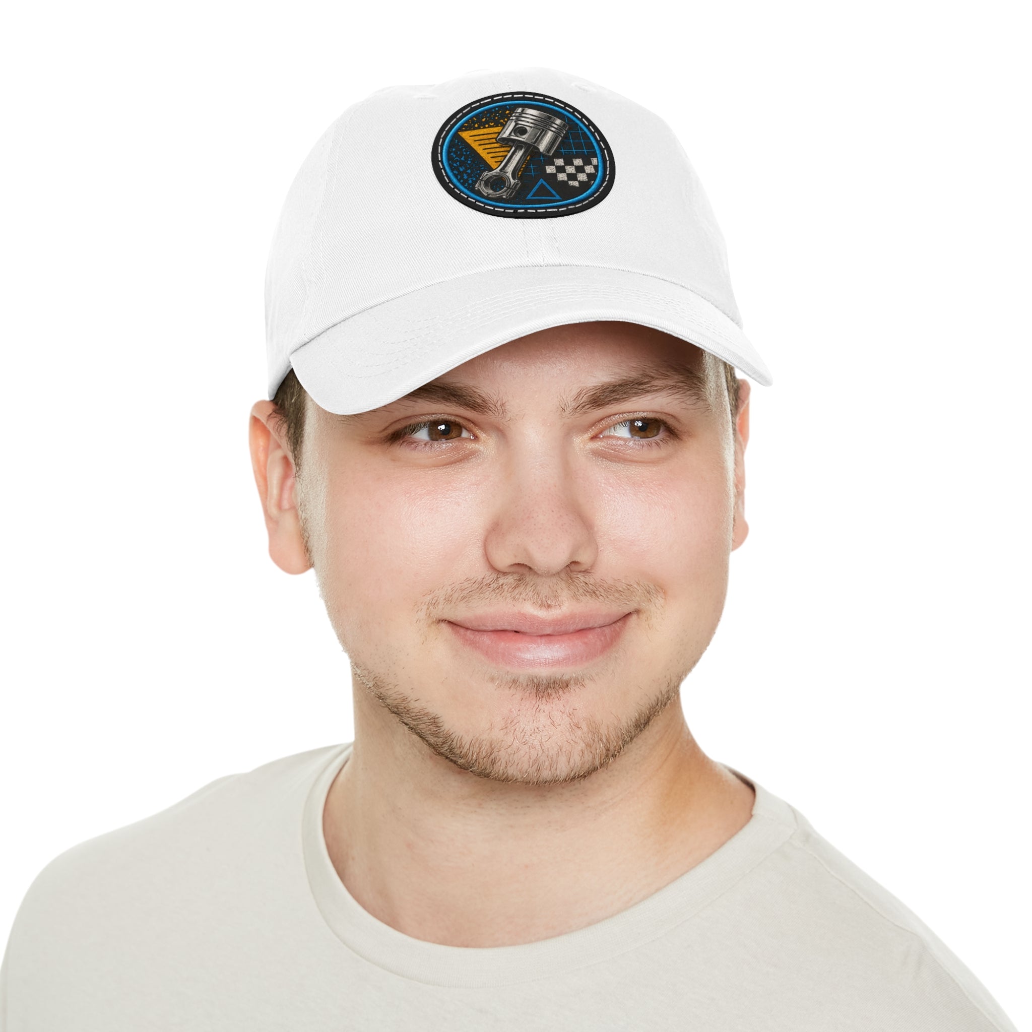 Racing Piston Patch Dad Hat — Vintage Motorhead Leather Patch Cap