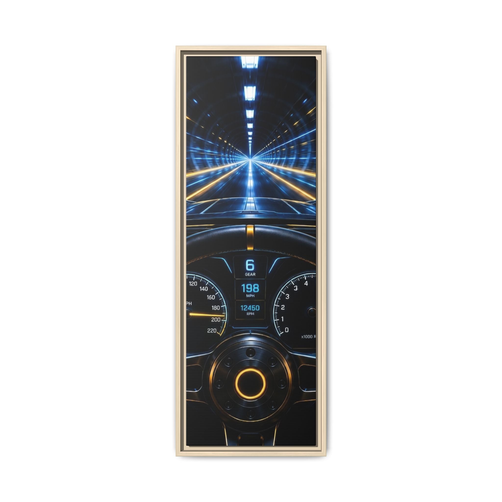 Tunnel Drive Framed Canvas Print — Retro Futuristic Car Dashboard Wall Art