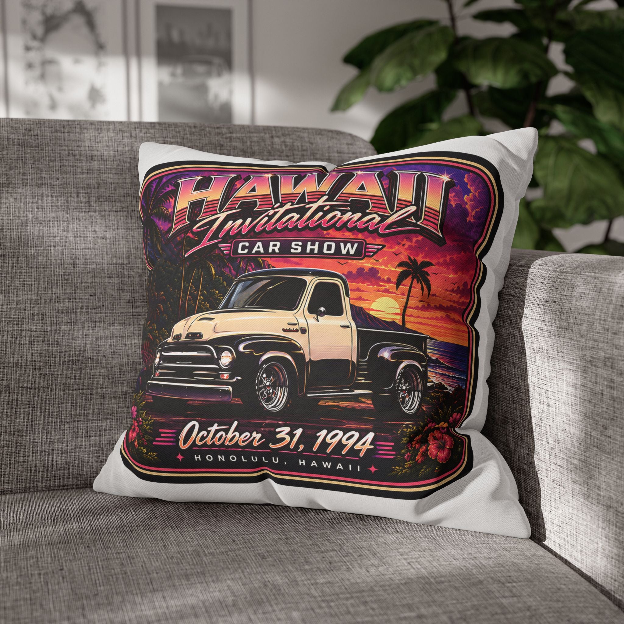 Hawaii Invitational Car Show Throw Pillow — Vintage Truck Sunset Design