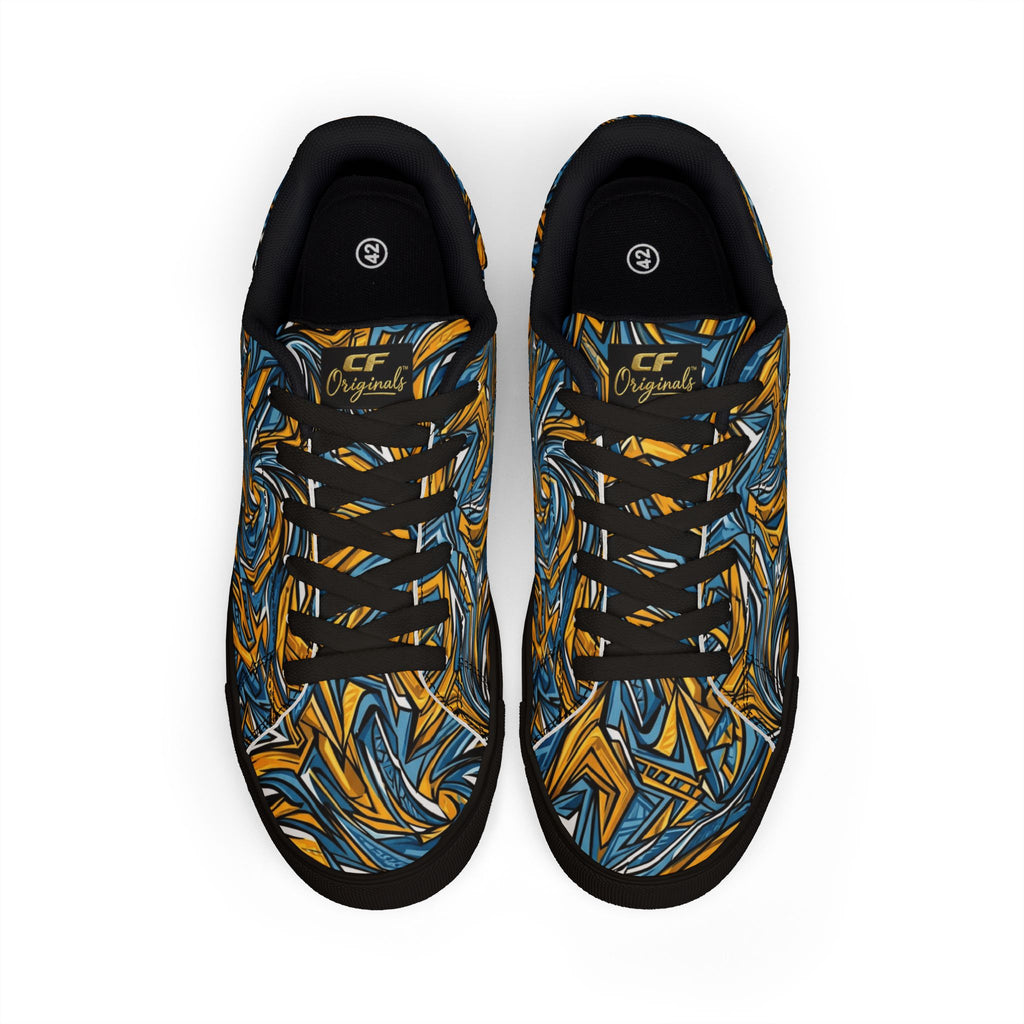 Men's Low-Top Leather Sneakers — Blue & Gold Swirl Painterly Trainers