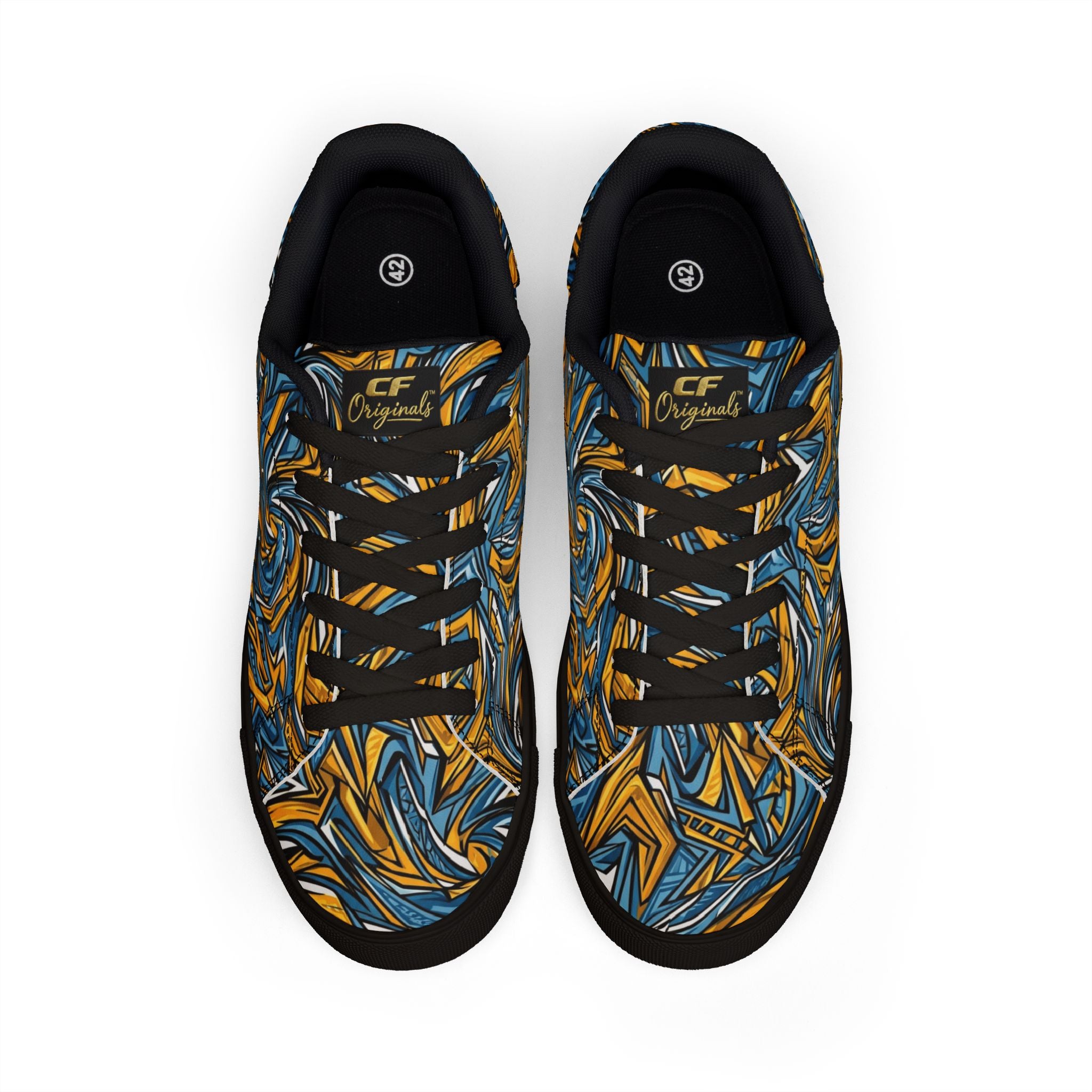 Men's Low-Top Leather Sneakers — Blue & Gold Swirl Painterly Trainers