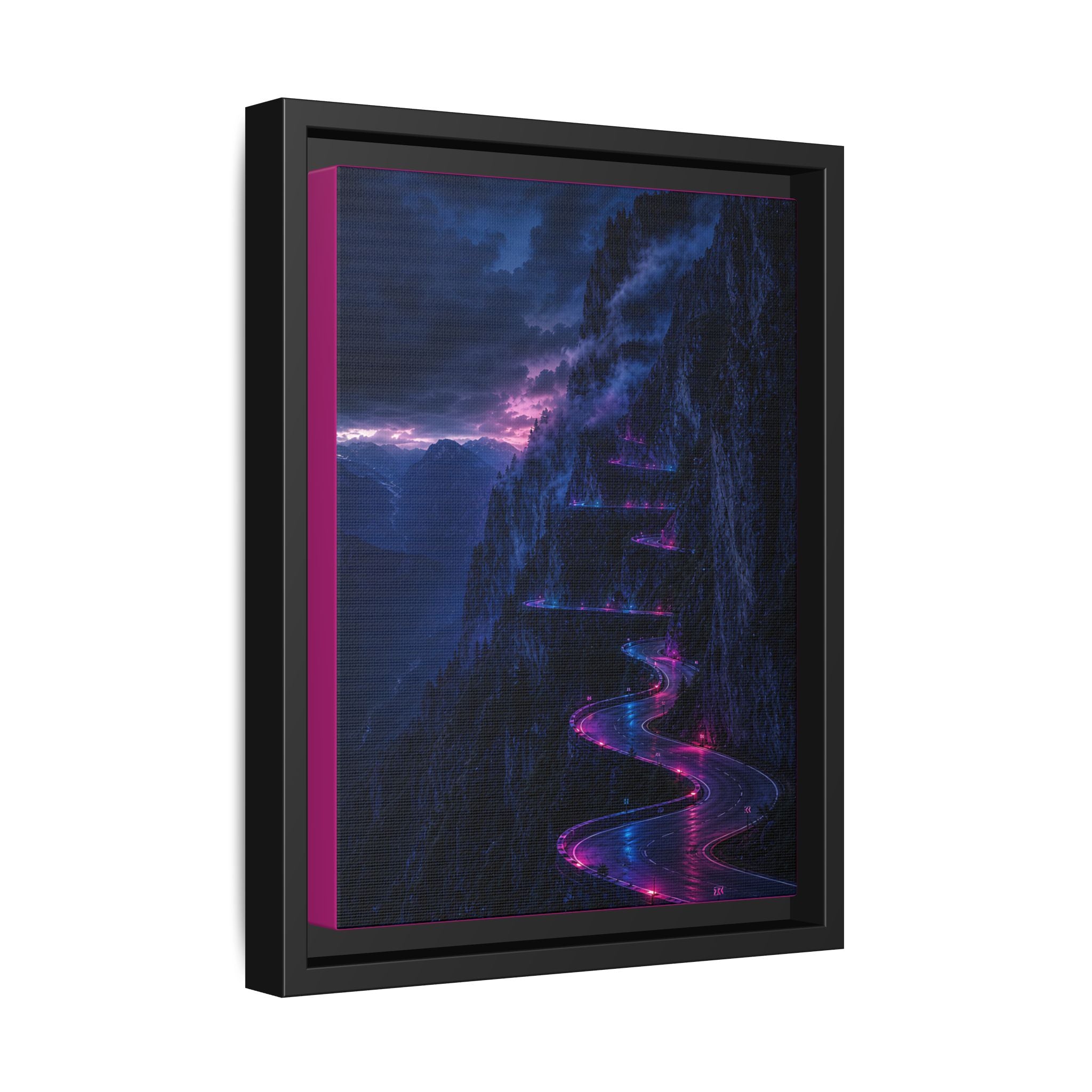 Neon Mountain Road Matte Canvas Print — Framed Nightscape Wall Art