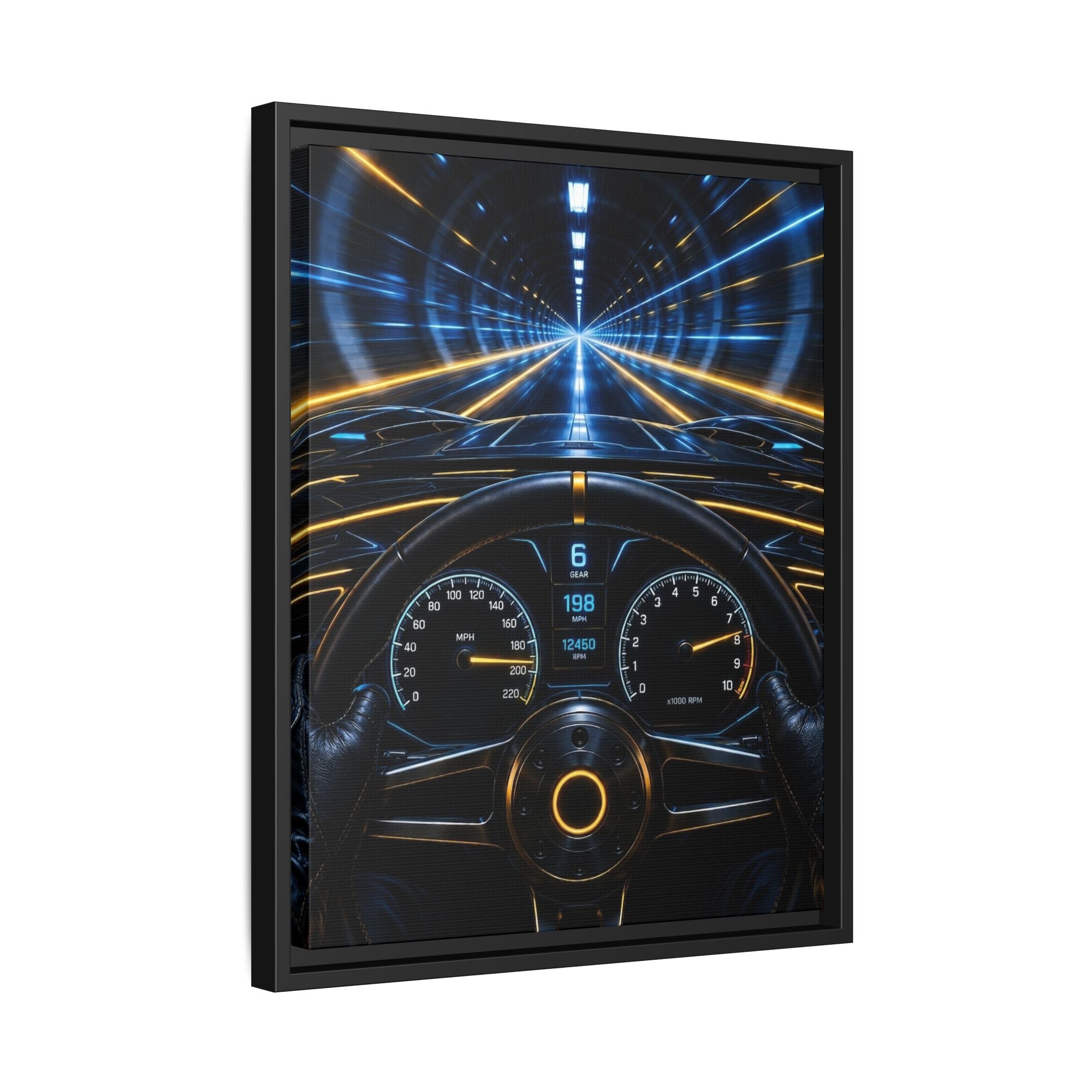 Tunnel Drive Framed Canvas Print — Retro Futuristic Car Dashboard Wall Art