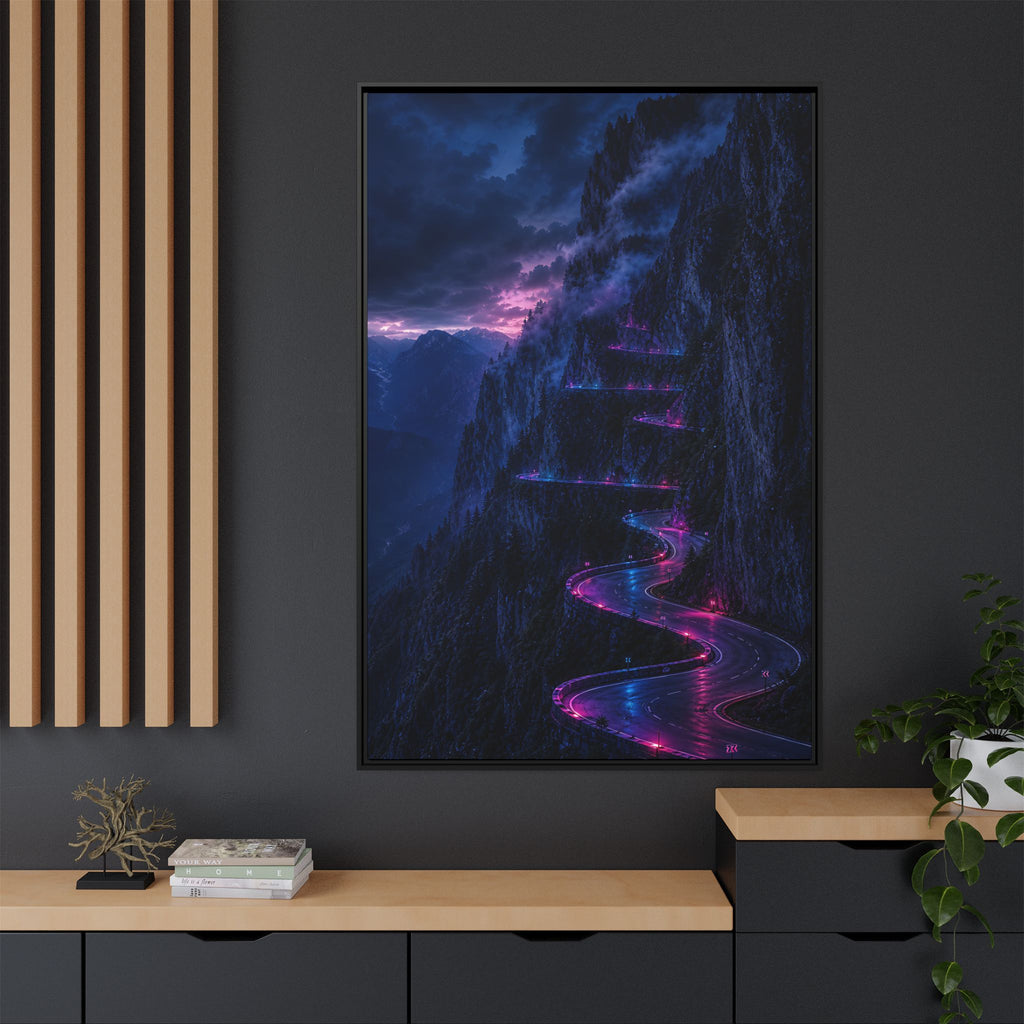 Neon Mountain Road Matte Canvas Print — Framed Nightscape Wall Art