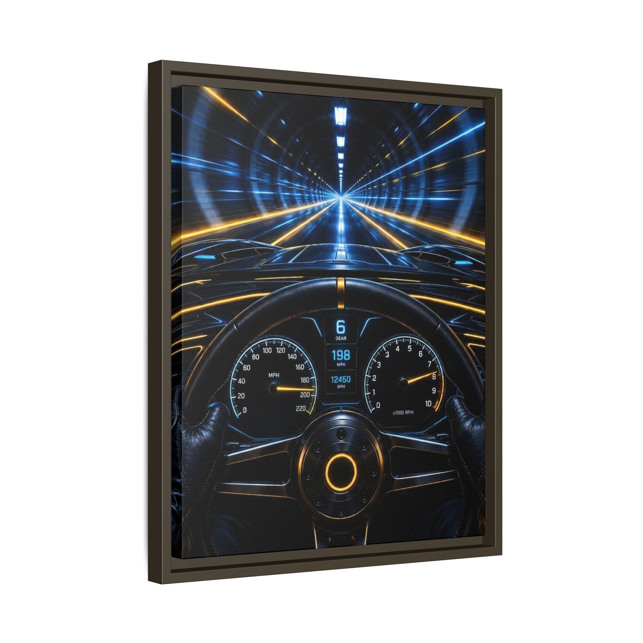 Tunnel Drive Framed Canvas Print — Retro Futuristic Car Dashboard Wall Art