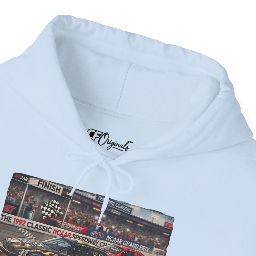 Racing Garage Hooded Sweatshirt — Vintage Racecar Track Scene