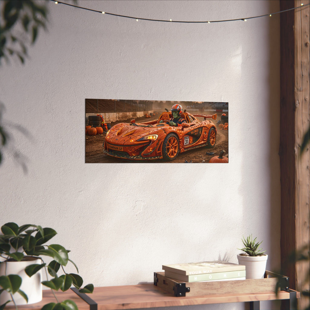 Halloween Race Car Poster — Orange Pumpkin Sports Car Matte Horizontal Print