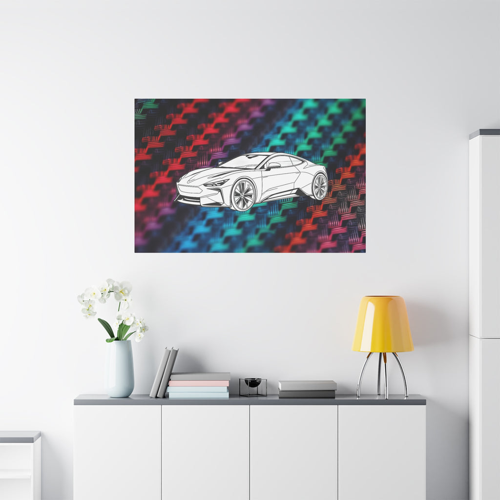 Modern Sports Car Canvas Wall Art – White Line Drawing on Rainbow Carbon Fiber Background