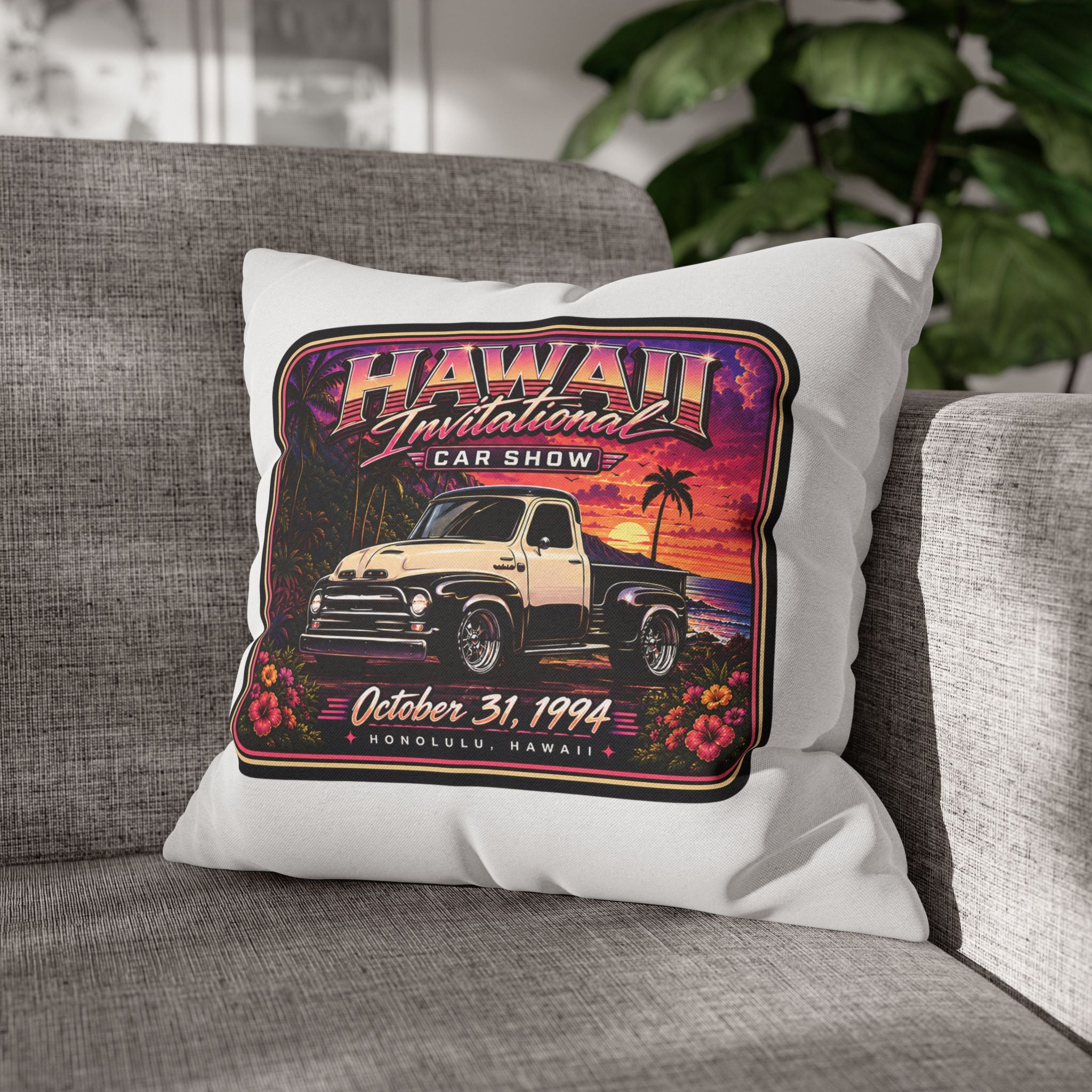 Hawaii Invitational Car Show Throw Pillow — Vintage Truck Sunset Design