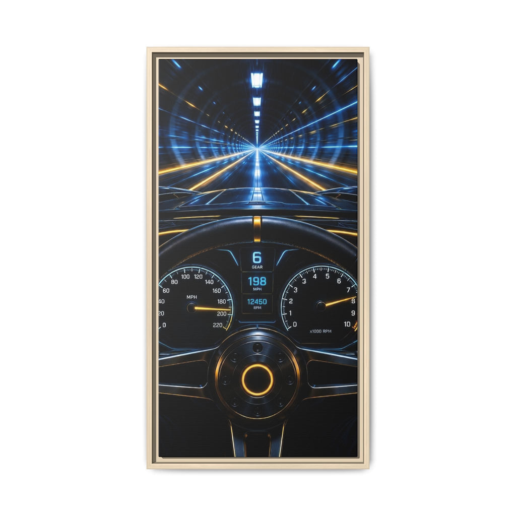 Tunnel Drive Framed Canvas Print — Retro Futuristic Car Dashboard Wall Art