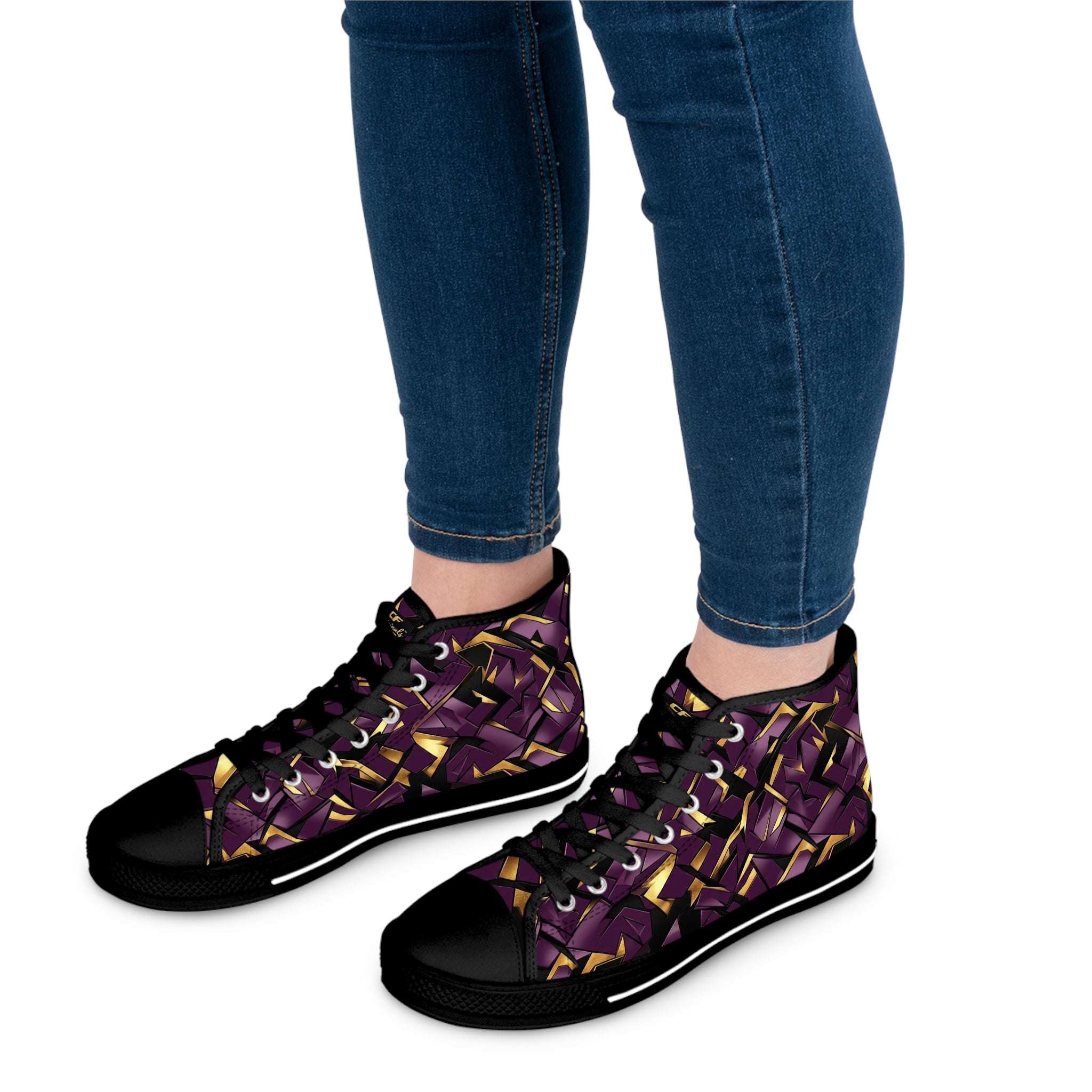 Women's High Top Sneakers — Geometric Purple & Gold Pattern