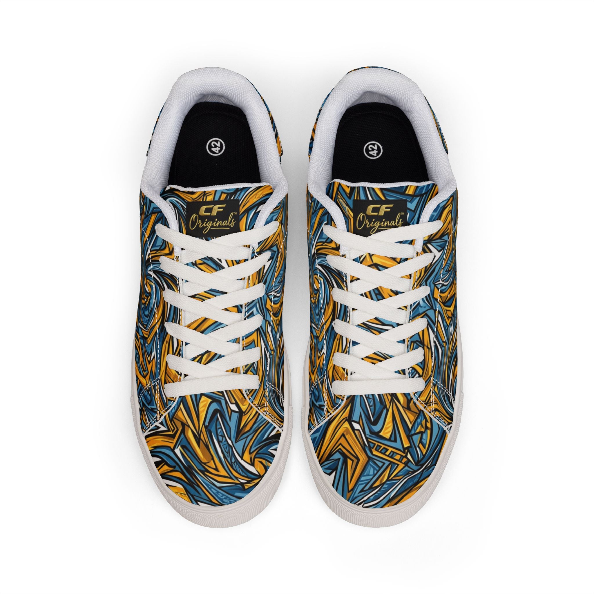 Men's Low-Top Leather Sneakers — Blue & Gold Swirl Painterly Trainers