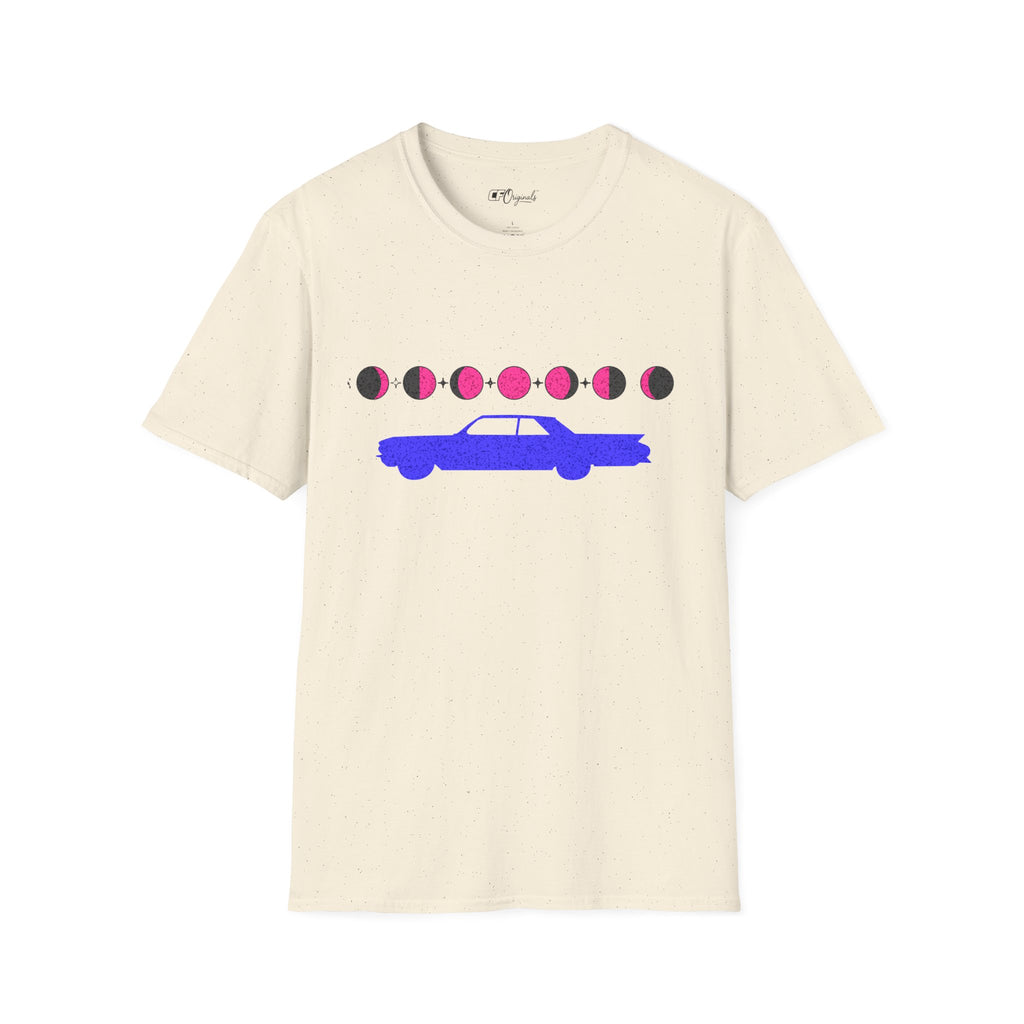 Retro Moon Phase Car T‑Shirt — Blue Classic Car with Pink Moon Phases