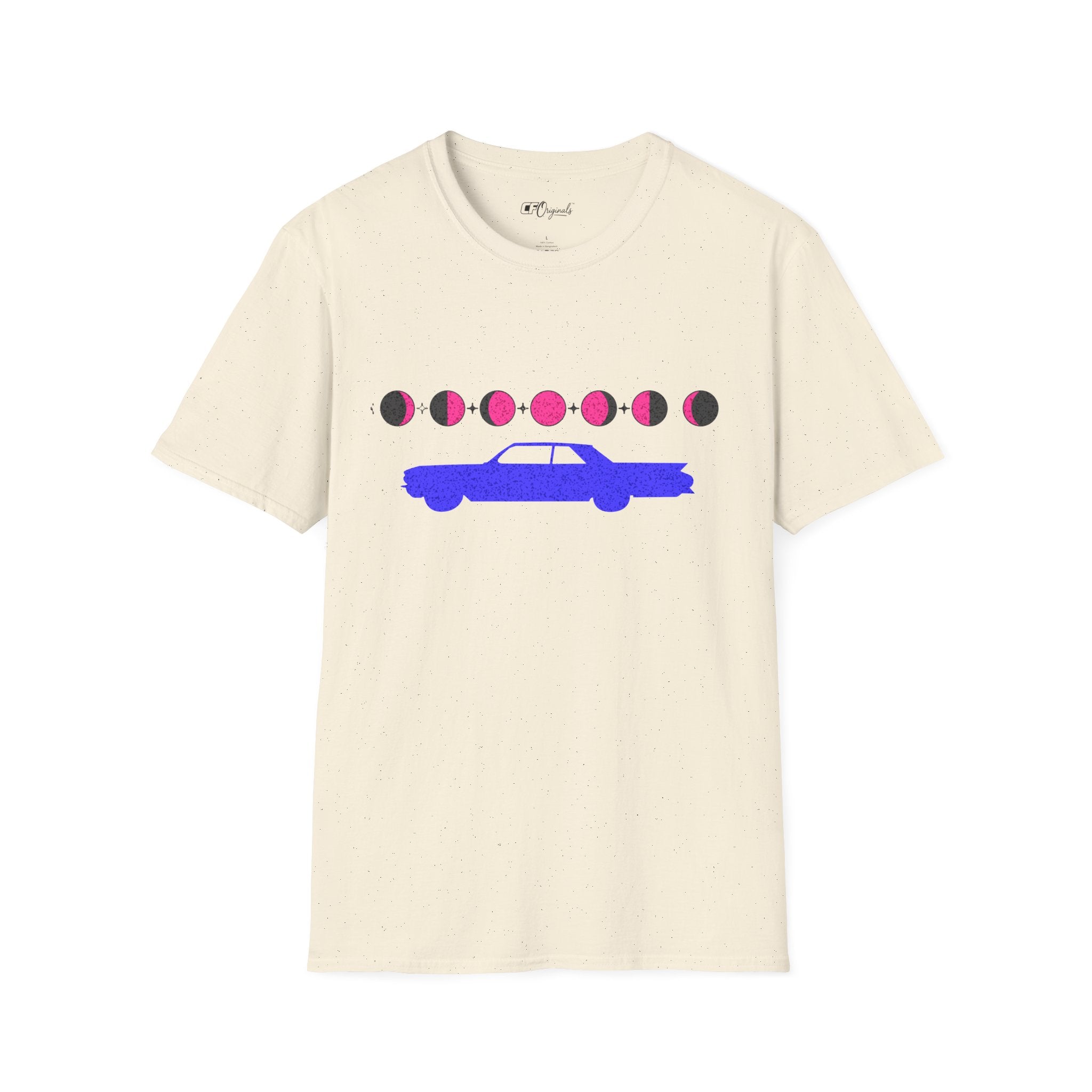 Retro Moon Phase Car T‑Shirt — Blue Classic Car with Pink Moon Phases