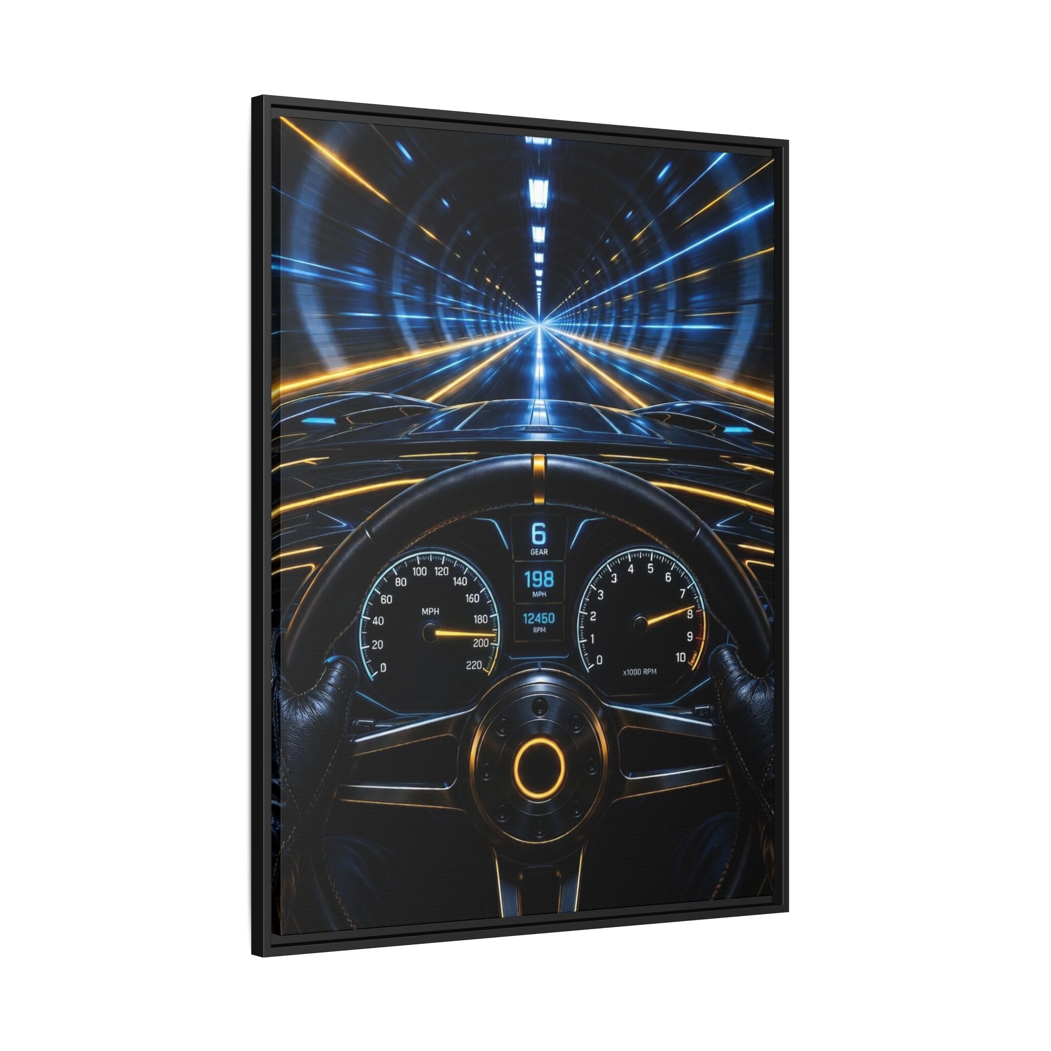 Tunnel Drive Framed Canvas Print — Retro Futuristic Car Dashboard Wall Art